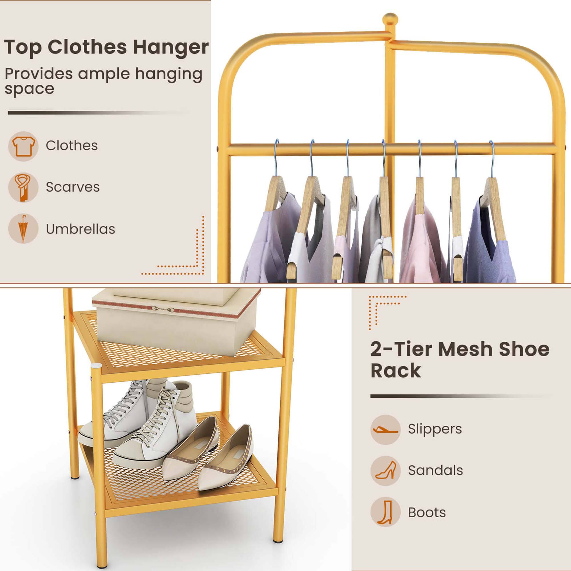 Top Clothes Hanger: Clothes, Scarves, Umbrellas
2-Tier Mesh Shoe Rack: Slippers, Sandals, Boots