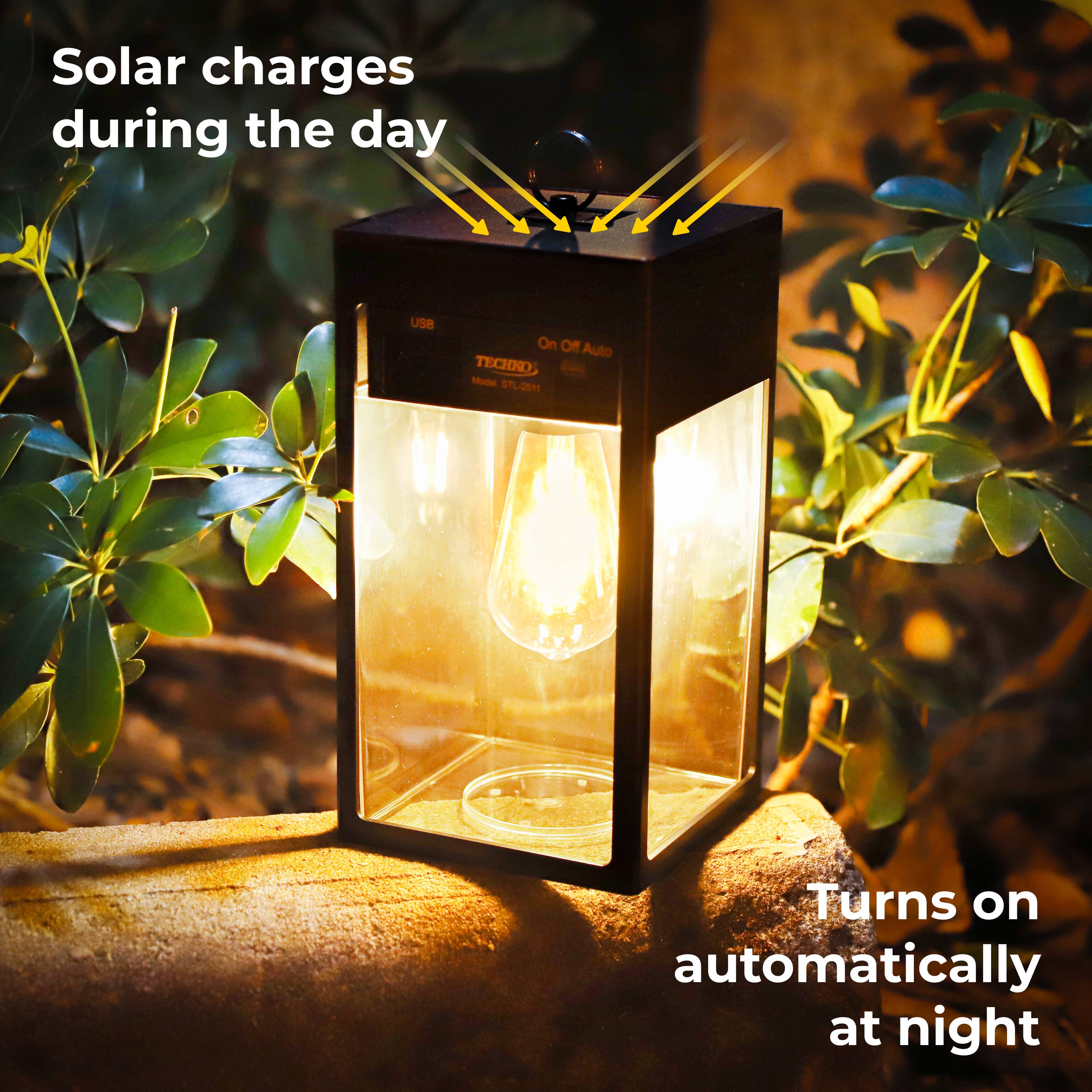 Solar charges during the day
Turns on automatically at night

On Off Auto
TECHNOS Model STL-251