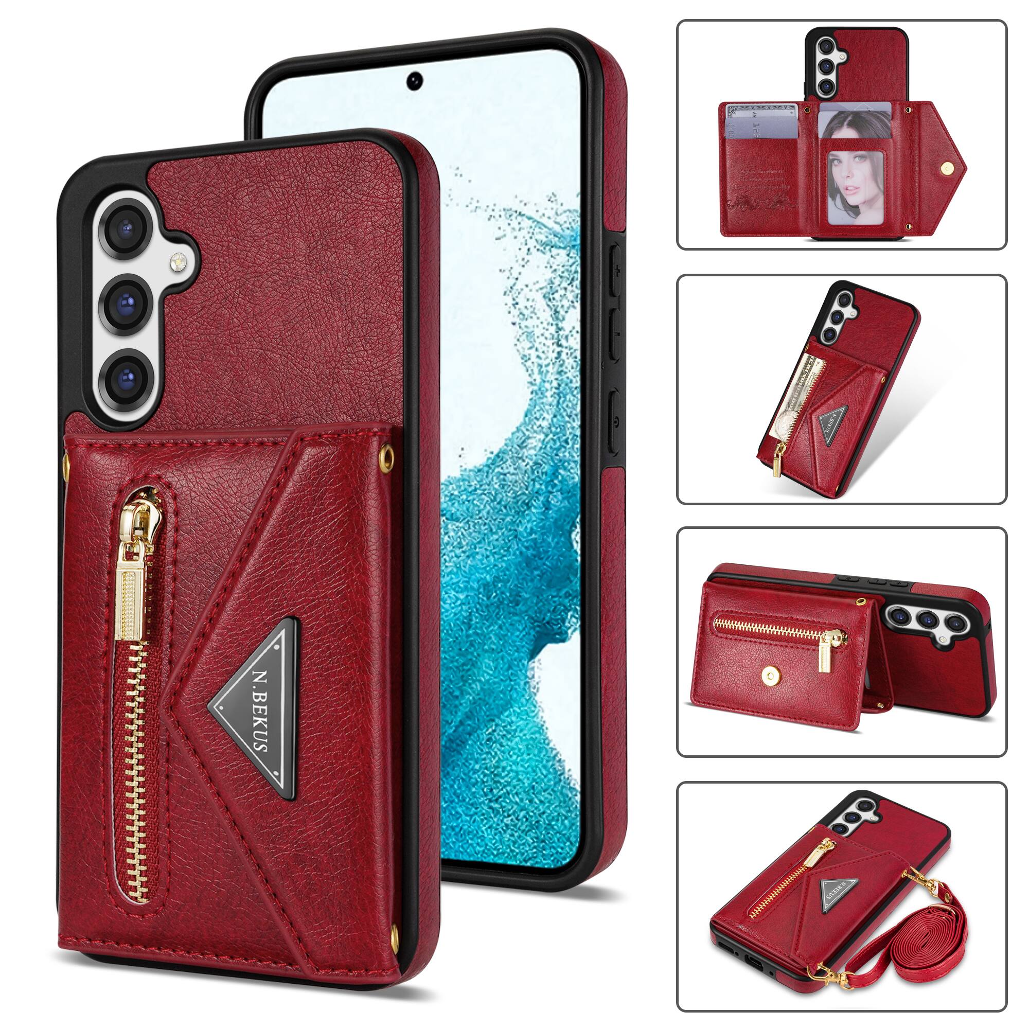 Alt View 6. Dteck - Crossbody Wallet Case for Samsung Galaxy S26+, Shockproof PU Leather Stand Cover with Zipper Pocket and Card Slots - Red.