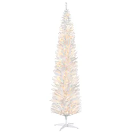 PULUZ - 8ft Pencil Christmas Tree, Slim Artificial Christmas Tree with Realistic Branches and Warm LED Lights - White