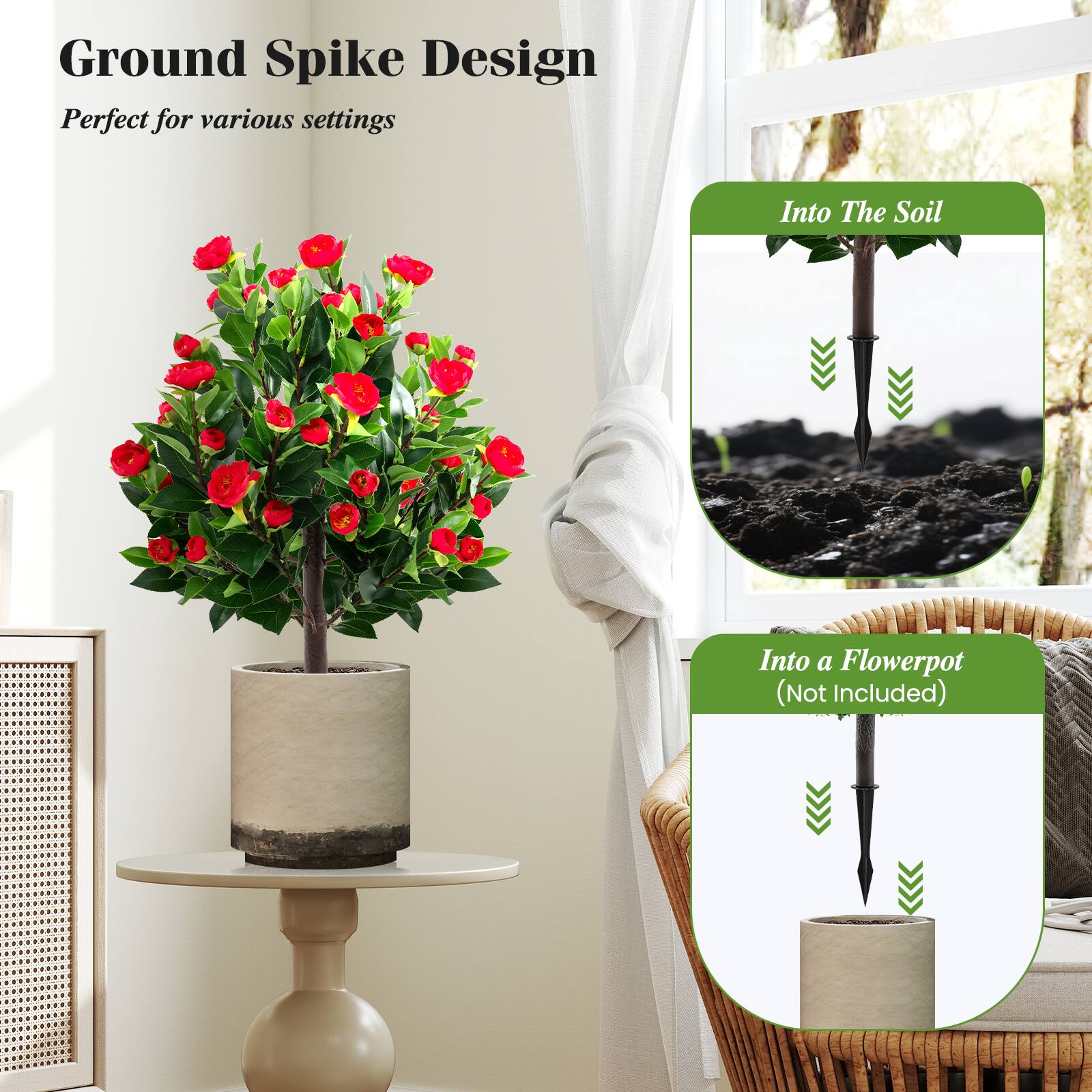 Ground Spike Design  
Perfect for various settings  

Into The Soil  

Into a Flowerpot (Not Included)