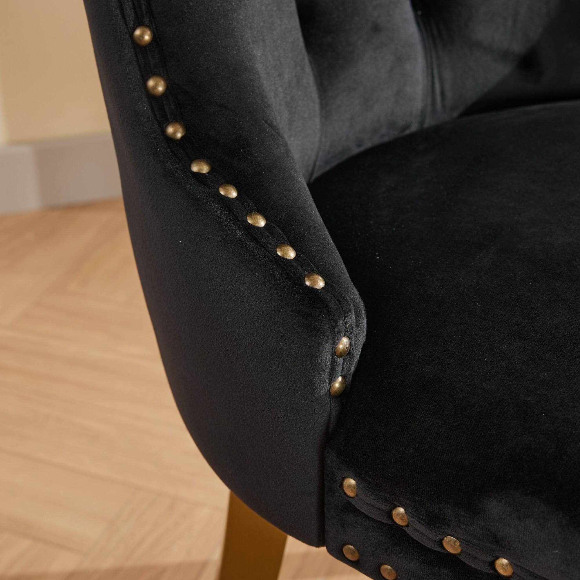 Alt View 7. GOODSILO - Modern Tufted Velvet Dining Chairs with Lion Head Pull Rings and Golden Wooden Legs, Set of 2 - Black.
