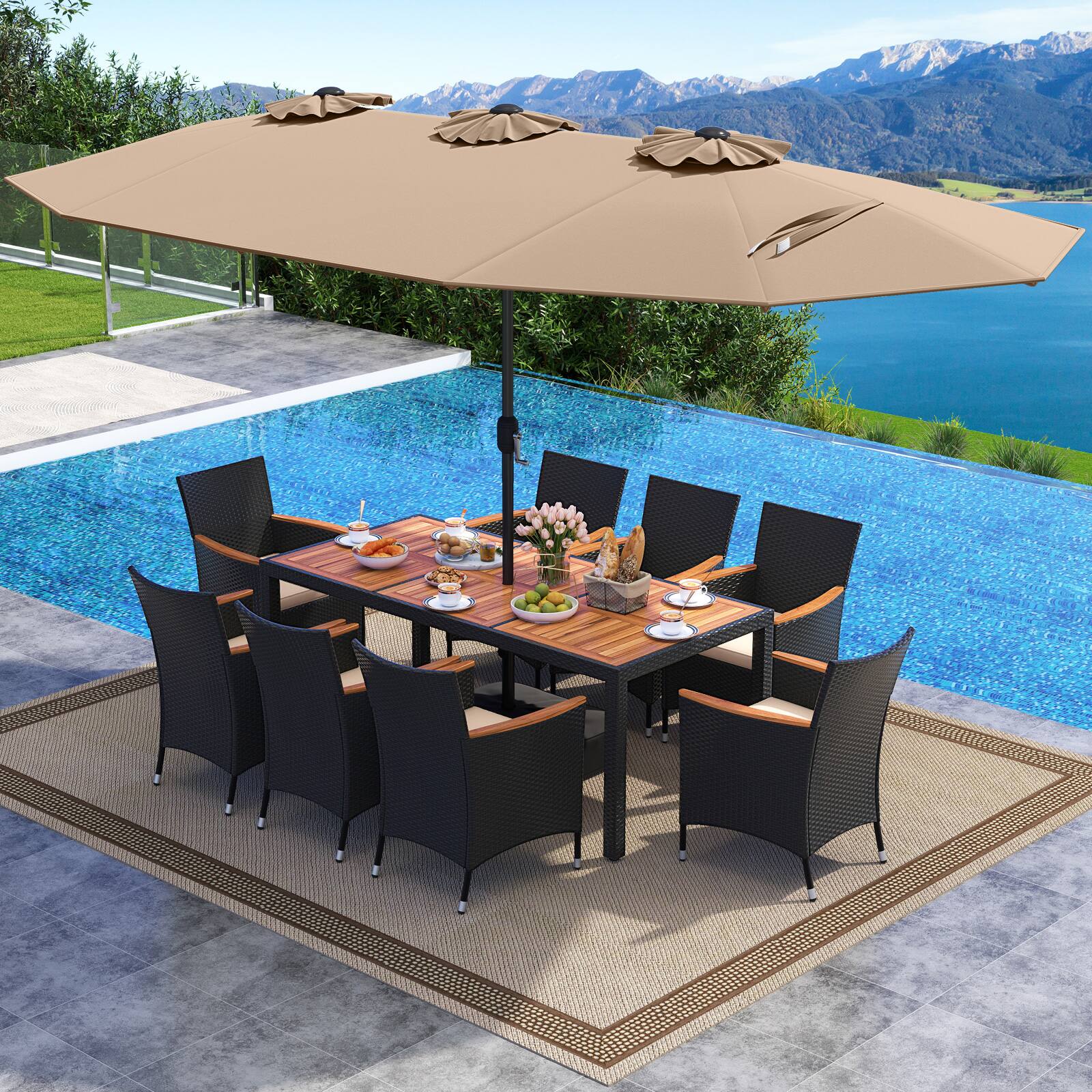 Alt View 3. Costway - Costway 11 PCS Patio Wicker Dining Set with Double-Sided Outdoor Umbrella 8 Stackable Chairs - Brown,White.