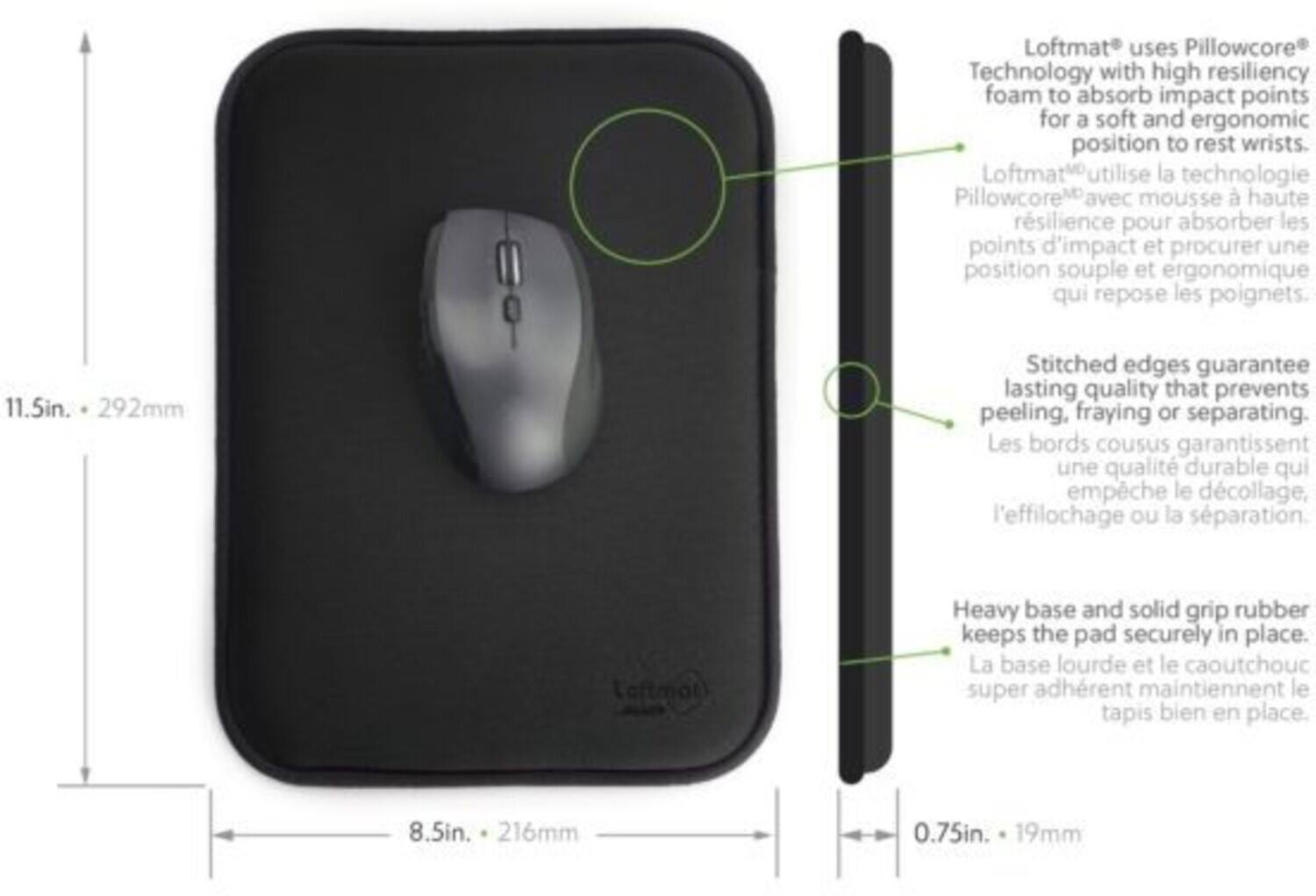 Loftmat uses Pillowcore Technology with high resiliency foam to absorb impact points for a soft and ergonomic position to rest wrists. Loftmat utilise la technologie Pillowcore avec mousse à haute résilience pour absorber les points d'impact et procurer une position souple et ergonomique qui repose les poignets.

Stitched edges guarantee lasting quality that prevents peeling, fraying or separating. Les bords cousus garantissent une qualité durable qui empêche le décollage, l'effilochage ou la séparation.

Heavy base and solid grip rubber keeps the pad securely in place. La base lourde et le caoutchouc super adhérent maintiennent le tapis bien en place.

Dimensions:
- 11.5in. x 292mm
- 8.5in. x 216mm
- 0.75in. x 19mm