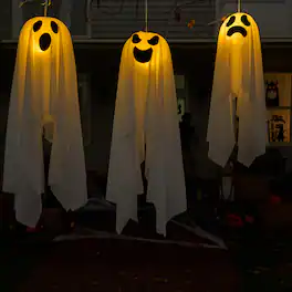 Joyfy - 6 Pcs 27.5" Light-Up Hanging Ghosts Warm LED Flying Ghost Decor for Halloween Outdoor, Tree, Yard, Patio, Lawn & Garden - White
