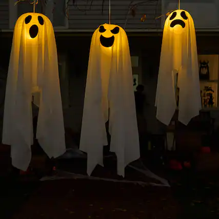 Front. Joyfy - 6 Pcs 27.5" Light-Up Hanging Ghosts Warm LED Flying Ghost Decor for Halloween Outdoor, Tree, Yard, Patio, Lawn & Garden - white.