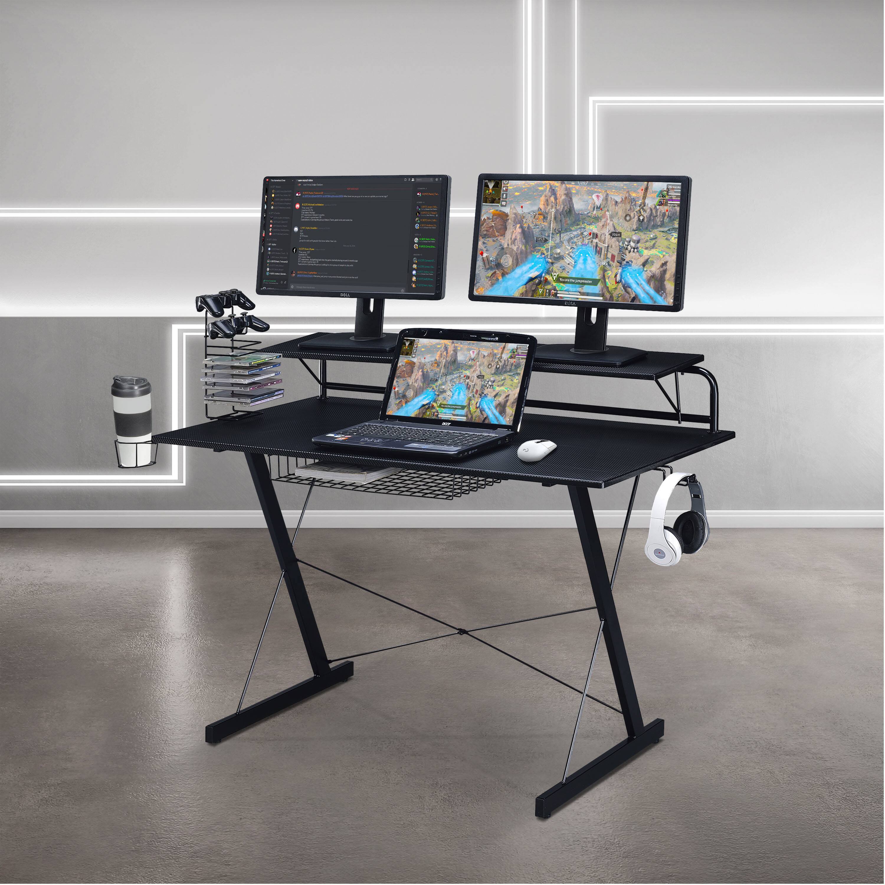 Angle. Spaco - Spaco Gaming Computer Desk with Cup Holder, Carbon Fiber Top, Steel Frame and Adjustable Storage, for Home Office Gaming - Black.
