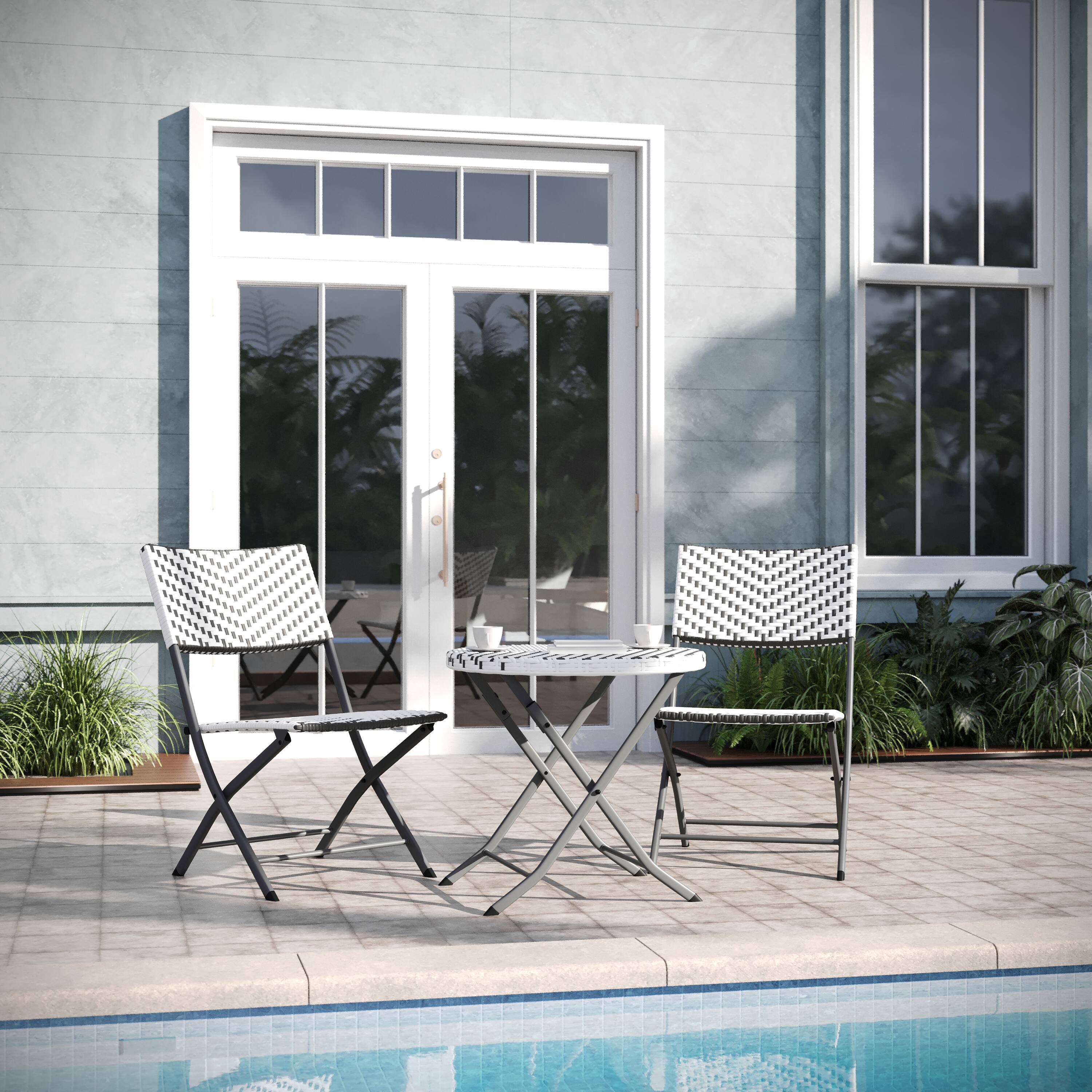 Alt View 1. Emma + Oliver - Ciel Three Piece Folding Bistro Set in PE Rattan with Metal Frames for Indoor and Outdoor Use - Gray & White.