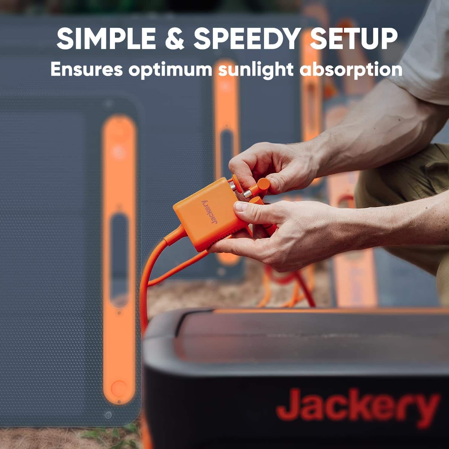 The text on the image reads: "Simple & Speedy Setup Ensures optimum sunlight absorption Jackery Jackery."