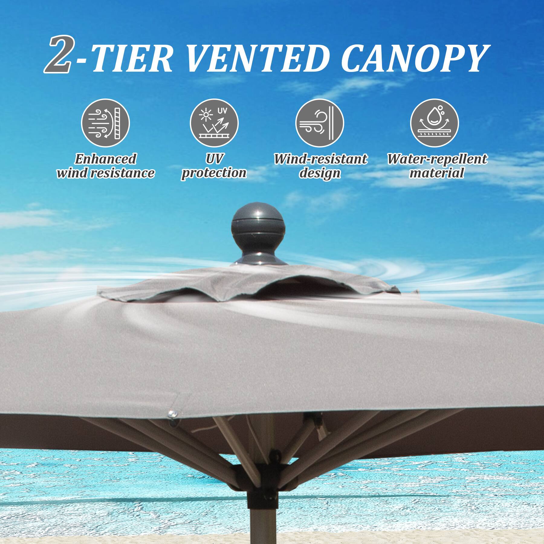 2-TIER VENTED CANOPY

- Enhanced wind resistance
- UV protection
- Wind-resistant design
- Water-repellent material