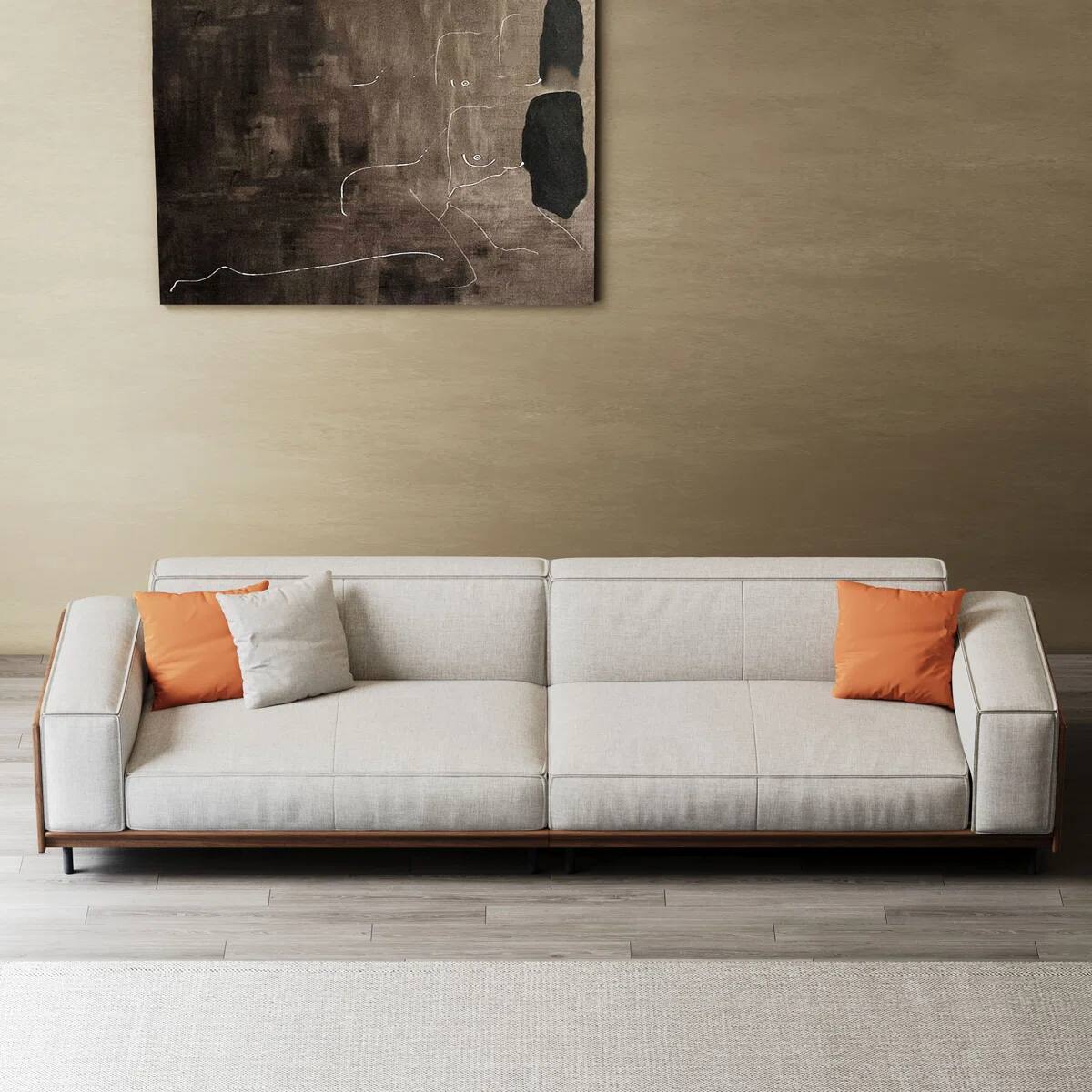 Alt View 2. luck idea - 111.81" Mid-Century 4-Seater Sofa, Linen Fabric Couch with Walnut Wood Arm Panels & 3 Throw Pillows for Living Room - Gray.