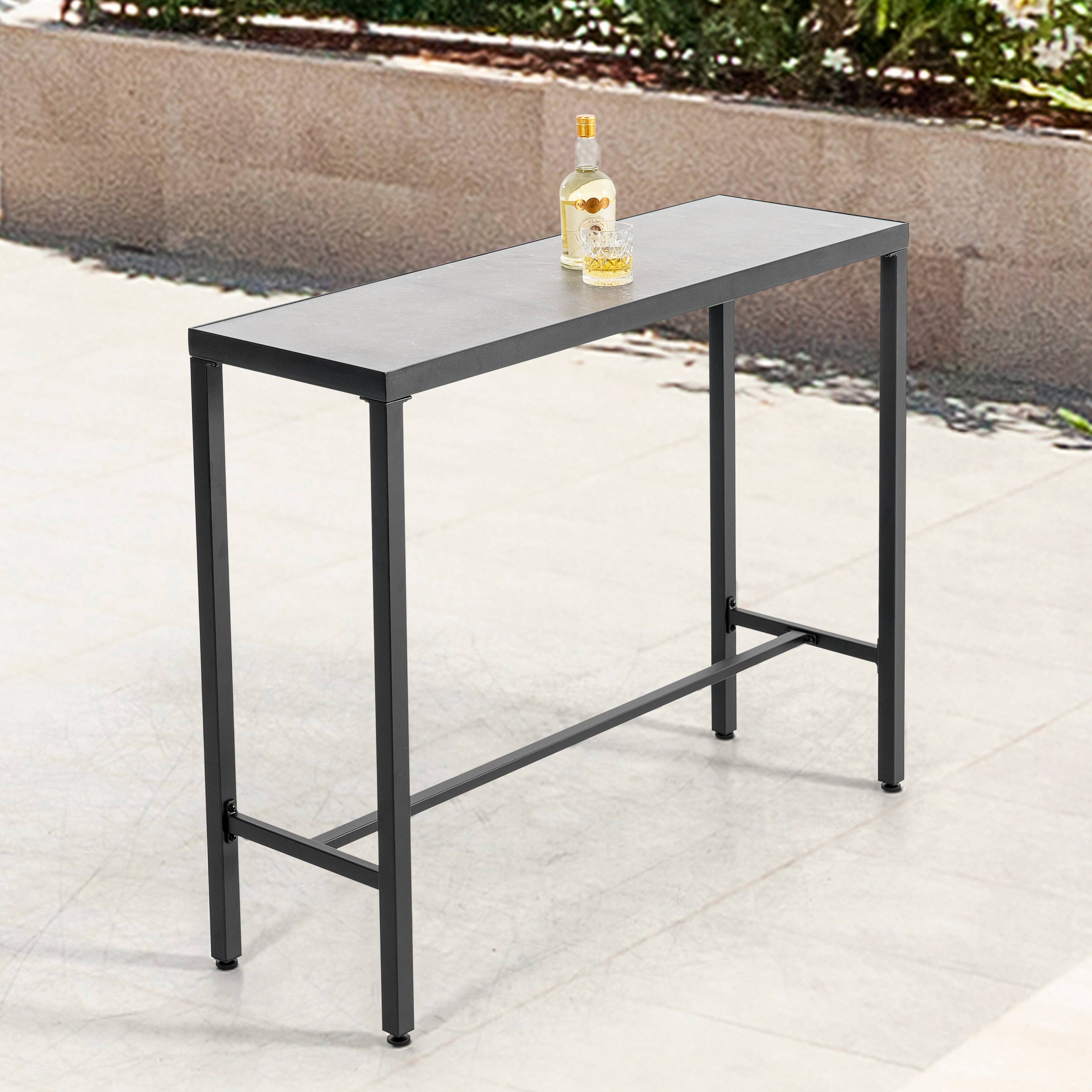 Left. Nuu Garden - Outdoor Iron Bar Table with 3D-Print Tempered Glass Tabletop - Black and Gray.