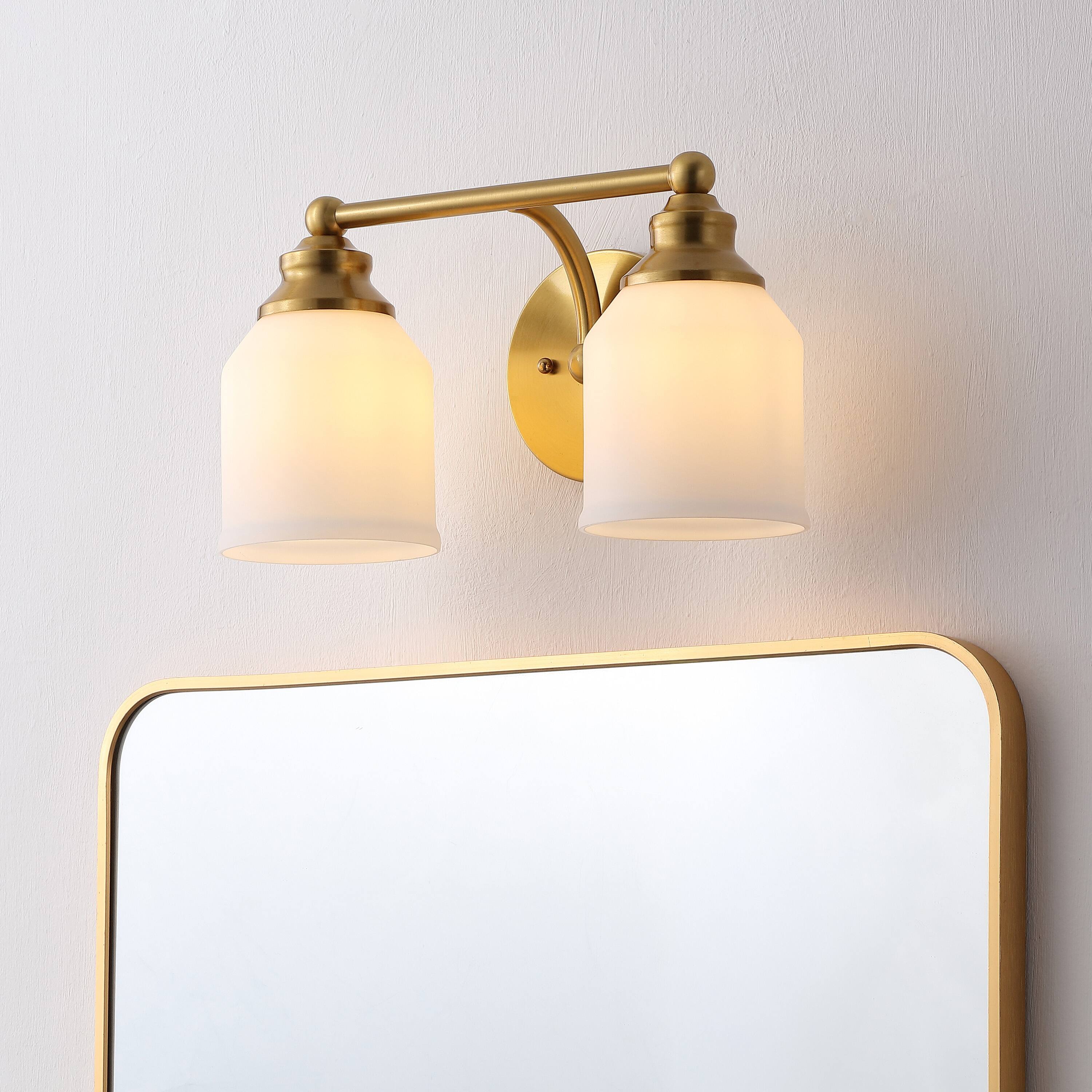 Alt View 1. Jonathan Y - Lydia 14" 2-Light Farmhouse Cottage Metal LED Vanity Light with Frosted Glass Shades, Brass Gold - Brass Gold.