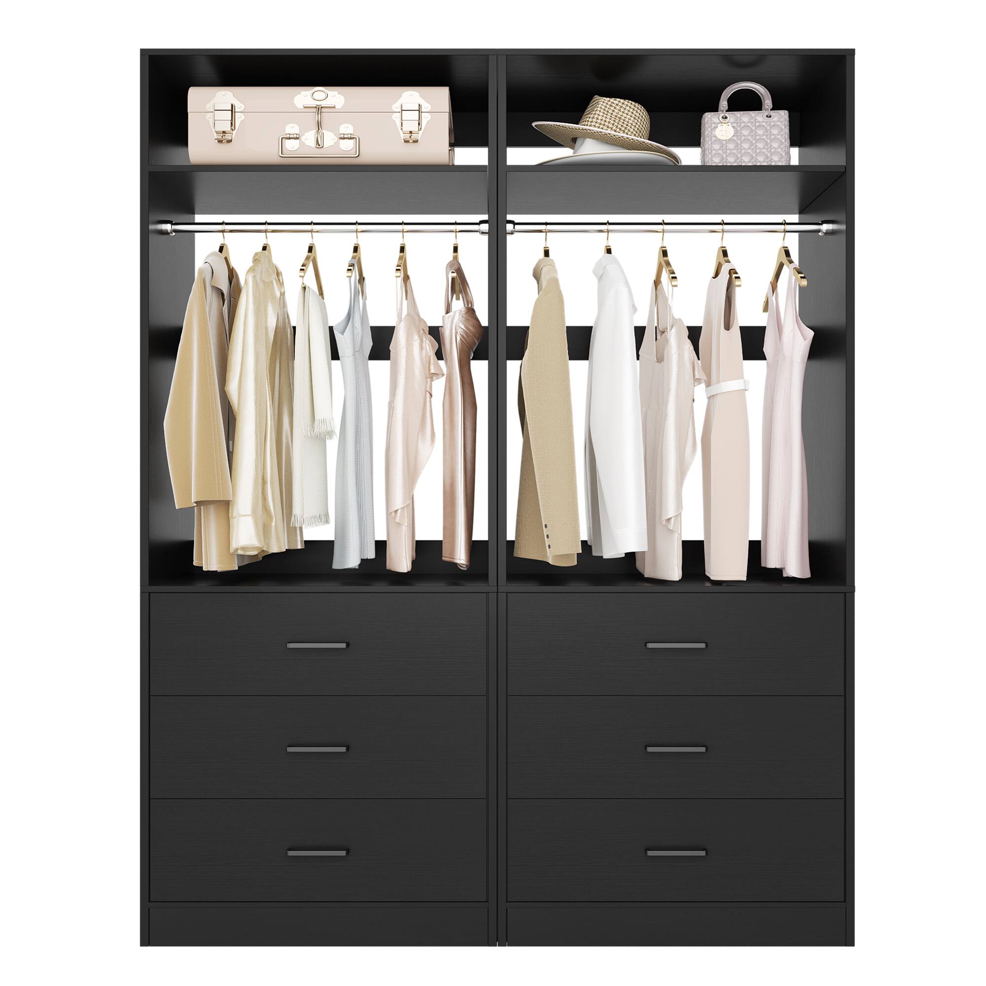 Left. Aheaplus - 48" Set of 2 Closet Systems with 6 Drawers, 2 Hanging Rods & 2 Shelves - Heavy Duty Walk-in Organizer,Ships 2 packages - Black.