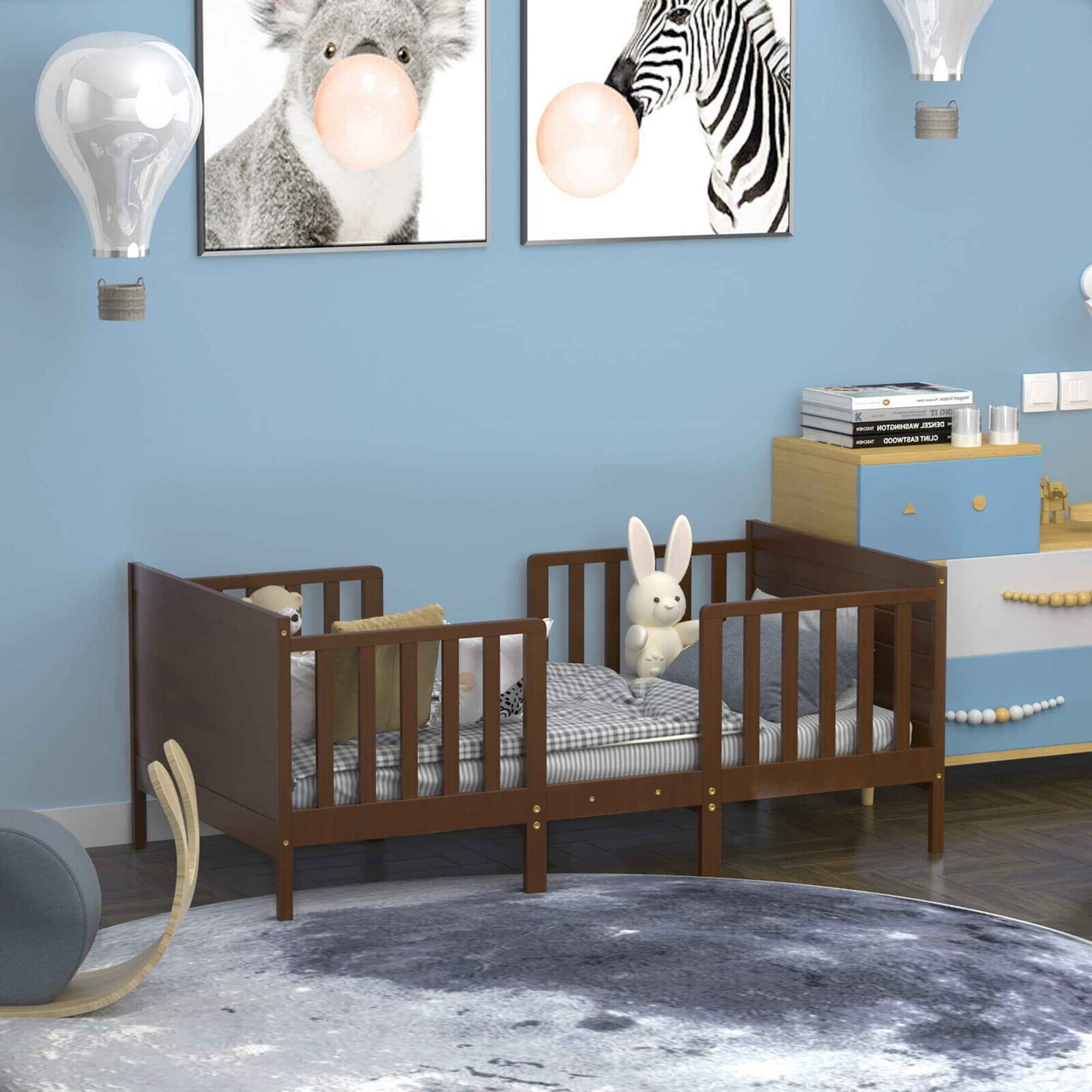 Gymax- 2-in-1 Convertible Toddler Bed Wooden Kids Bedroom Furniture w/ Guardrails- Brown