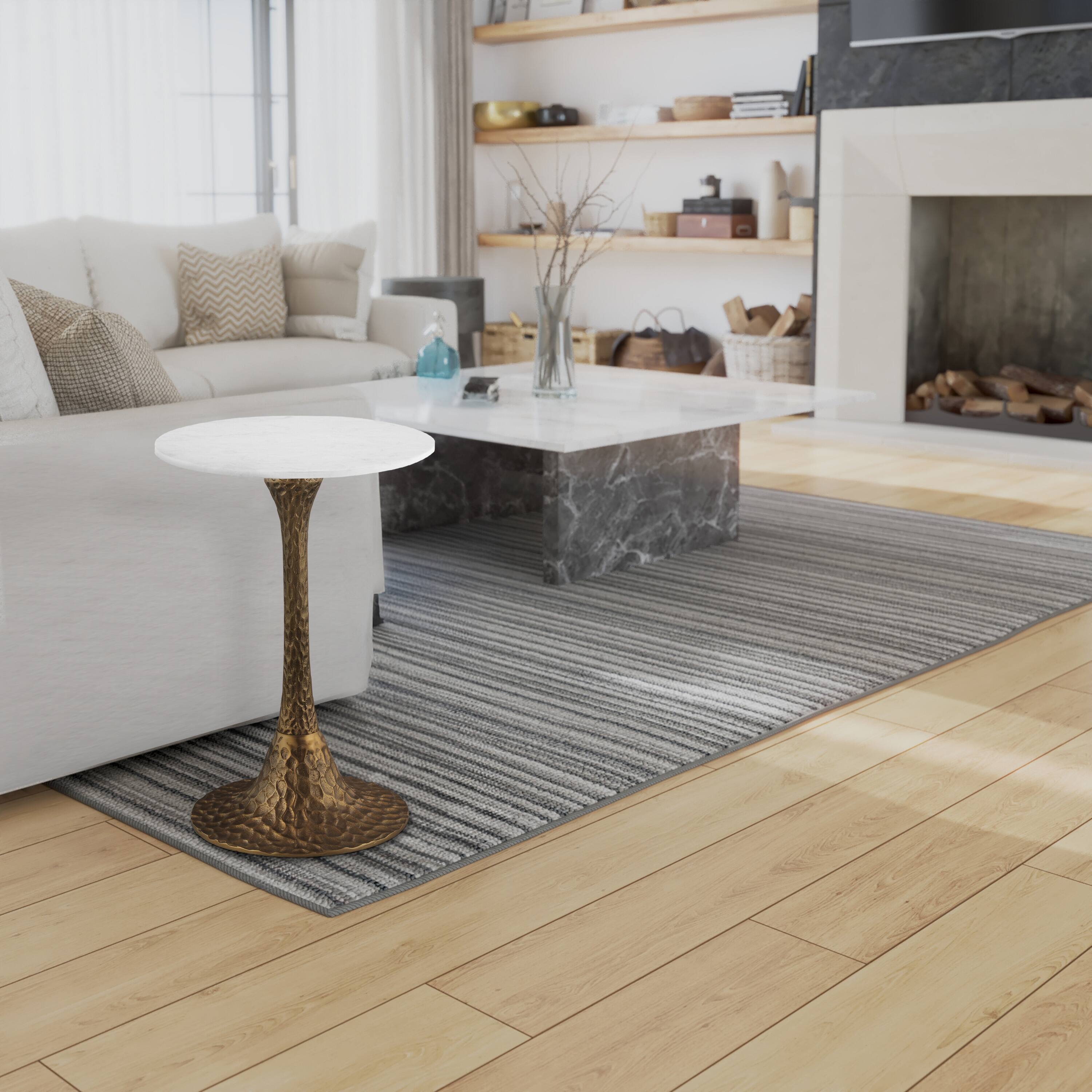 Alt View 10. Manhattan Lane - Accent Side Table, 14.5 Inch Round White Marble Top, Antique Brass Hammered Pedestal Base - Antique Brass, White.