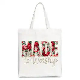OrnamentallyYou - Made to Worship Printed Faux Yarn Crochet Christian Tote Bag, Floral Retro Faith Gift Shopper - White
