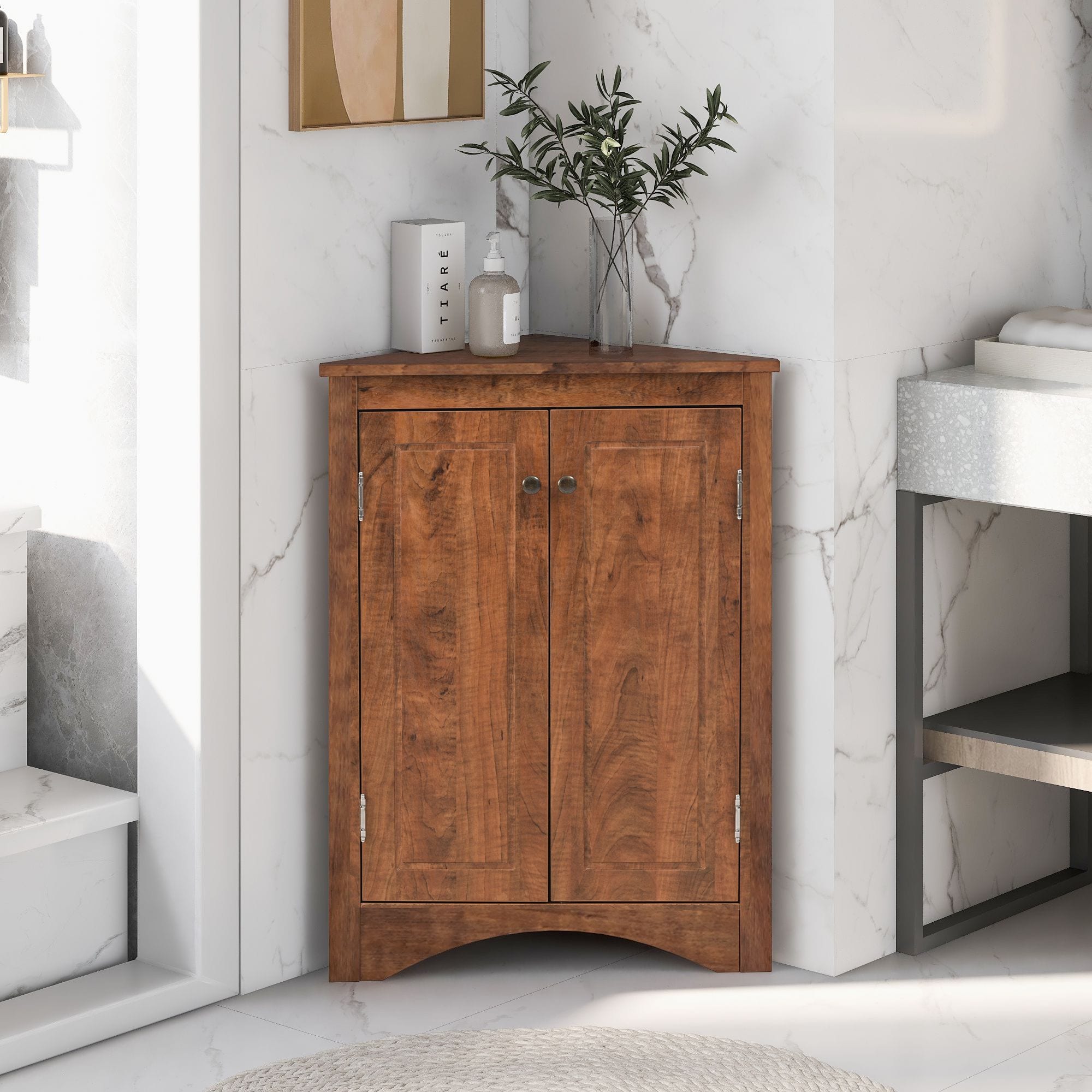 Front. Mirfee - Triangle Bathroom Storage Cabinet with Adjustable Shelves, Freestanding for Home Kitchen - Brown.