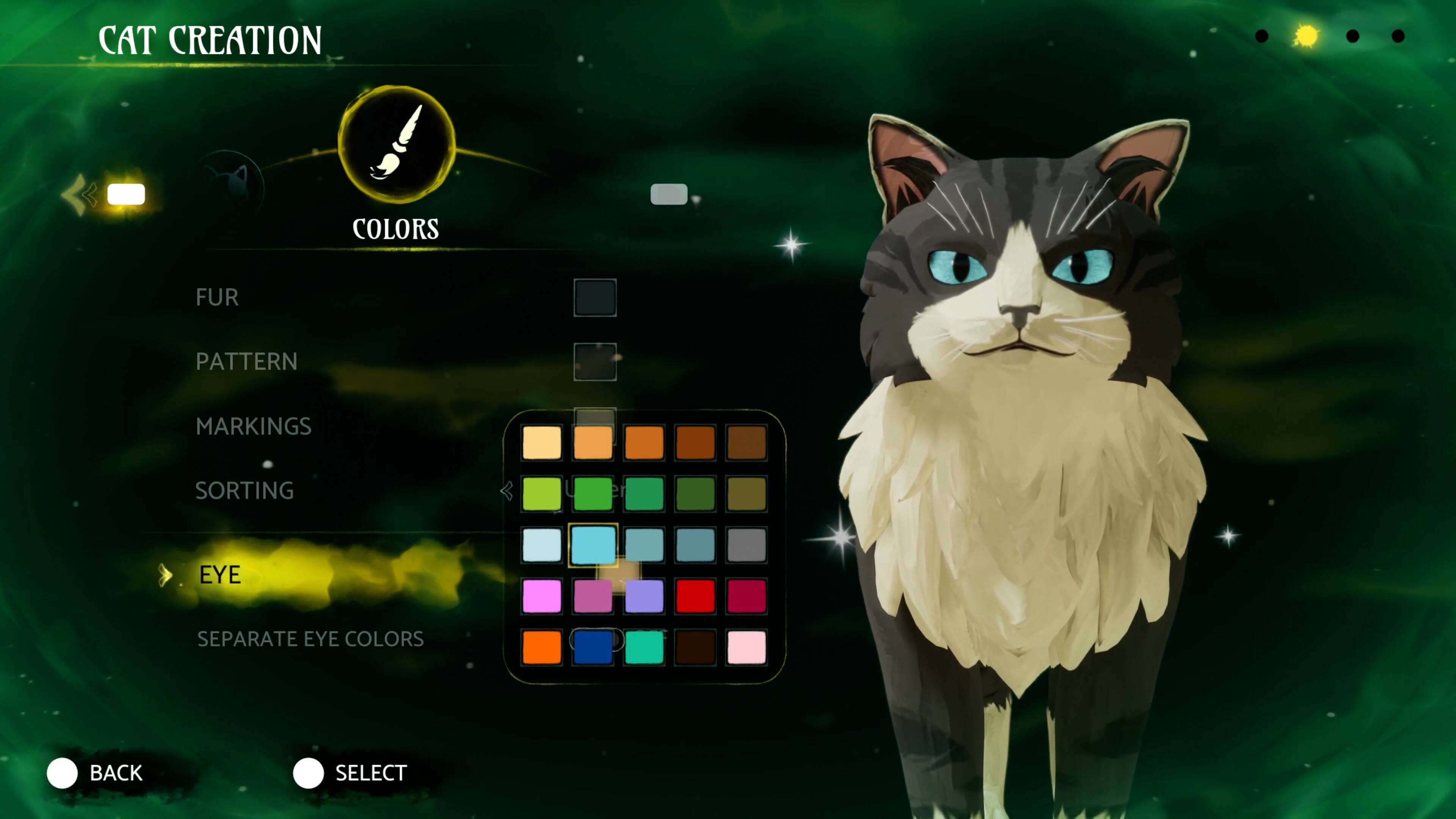 CAT CREATION  
COLORS  
FUR  
PATTERN  
MARKINGS  
SORTING  
EYE  
SEPARATE EYE COLORS  
BACK  
SELECT