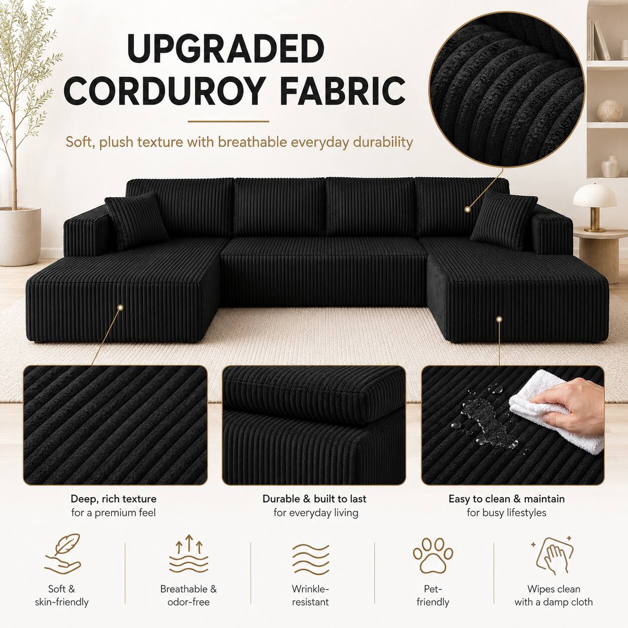 UPGRADED CORDUROY FABRIC

Soft, plush texture with breathable everyday durability

Deep, rich texture for a premium feel

Durable & built to last for everyday living

Easy to clean & maintain for busy lifestyles

Soft & skin-friendly

Breathable & odor-free

Wrinkle-resistant

Pet-friendly

Wipes clean with a damp cloth