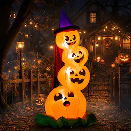 Joyfy - 6FT Stacked Pumpkins with Witch Hat Inflatable Halloween – Built-in LEDs for Yard, Garden, Lawn & Outdoor Party Displays - Orange