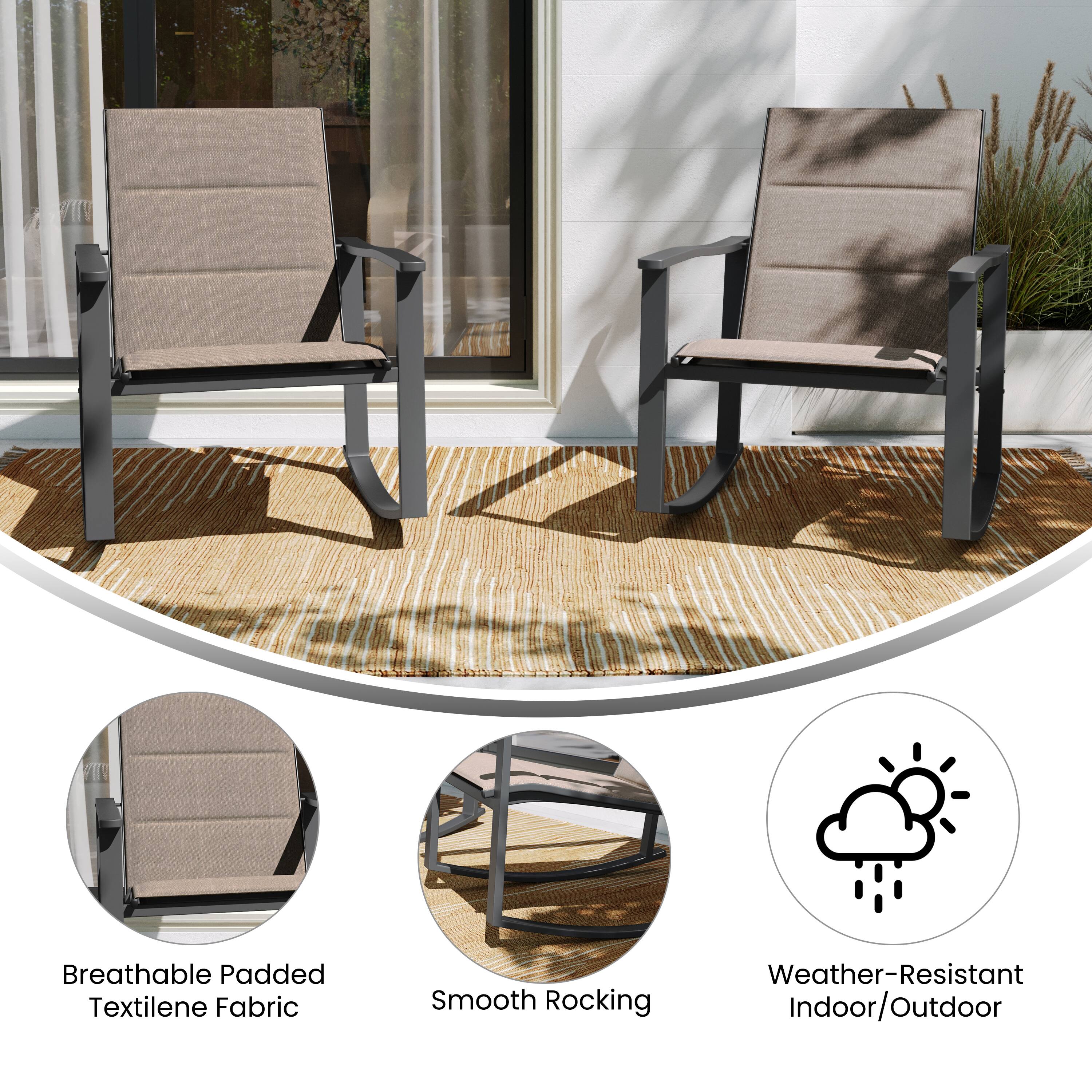 Breathable Padded Textilene Fabric  
Smooth Rocking  
Weather-Resistant Indoor/Outdoor