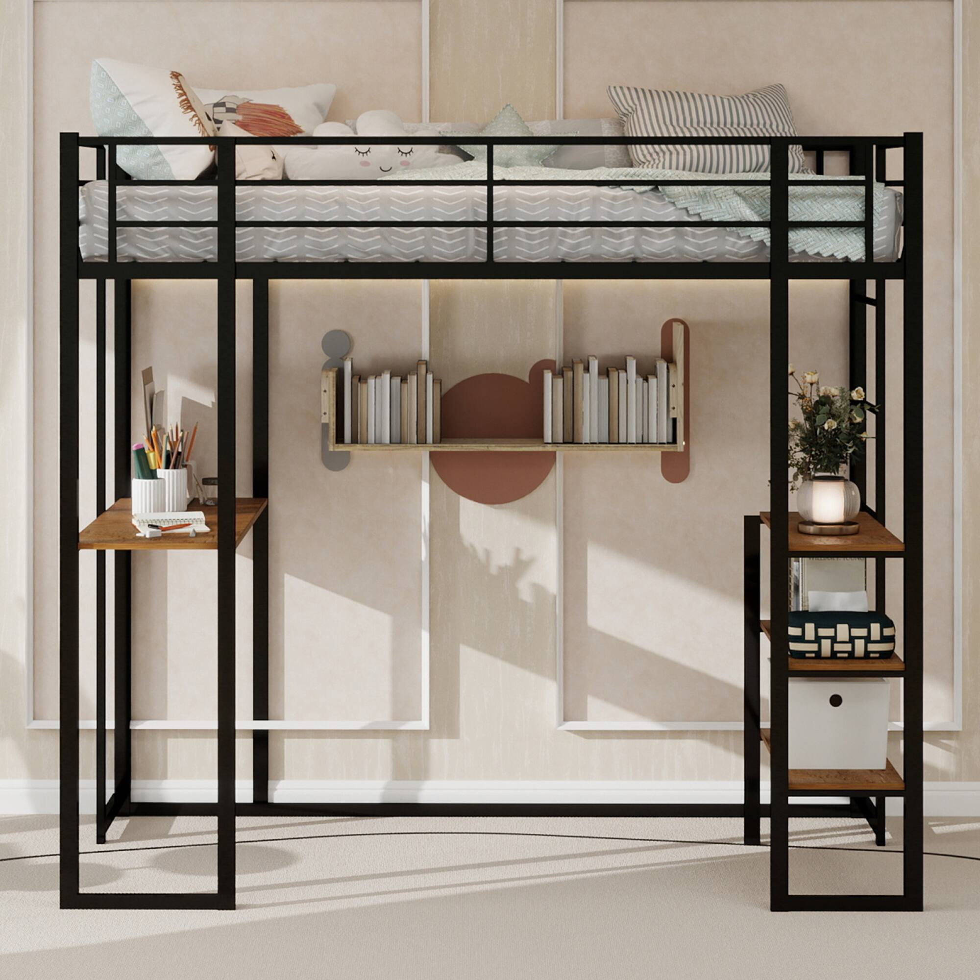 Alt View 1. GOODSILO - Space-Saving Iron Frame Bunk Bed with Integrated L-Shaped Desk and Dual-Side Accessible Staircase for Children and Teens - Black.