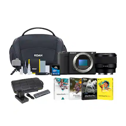 Sony camera, Koah bag, 128GB memory card, VideoStudio 2020, Painter 2020, AfterShot Pro 3, PaintShop Pro 2022, and a lens.