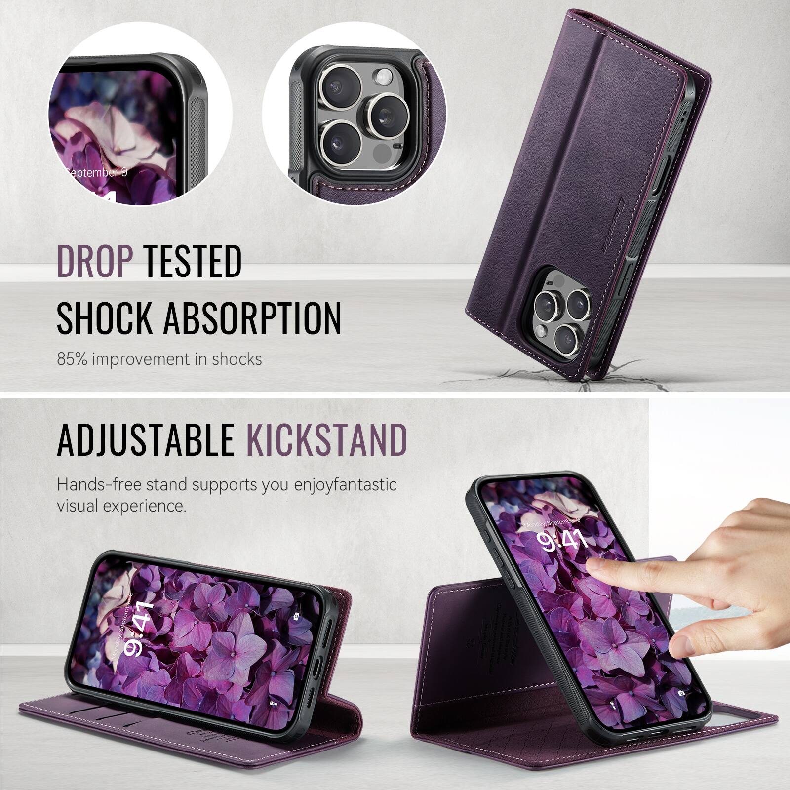 DROP TESTED SHOCK ABSORPTION  
85% improvement in shocks  

ADJUSTABLE KICKSTAND  
Hands-free stand supports you enjoy fantastic visual experience.