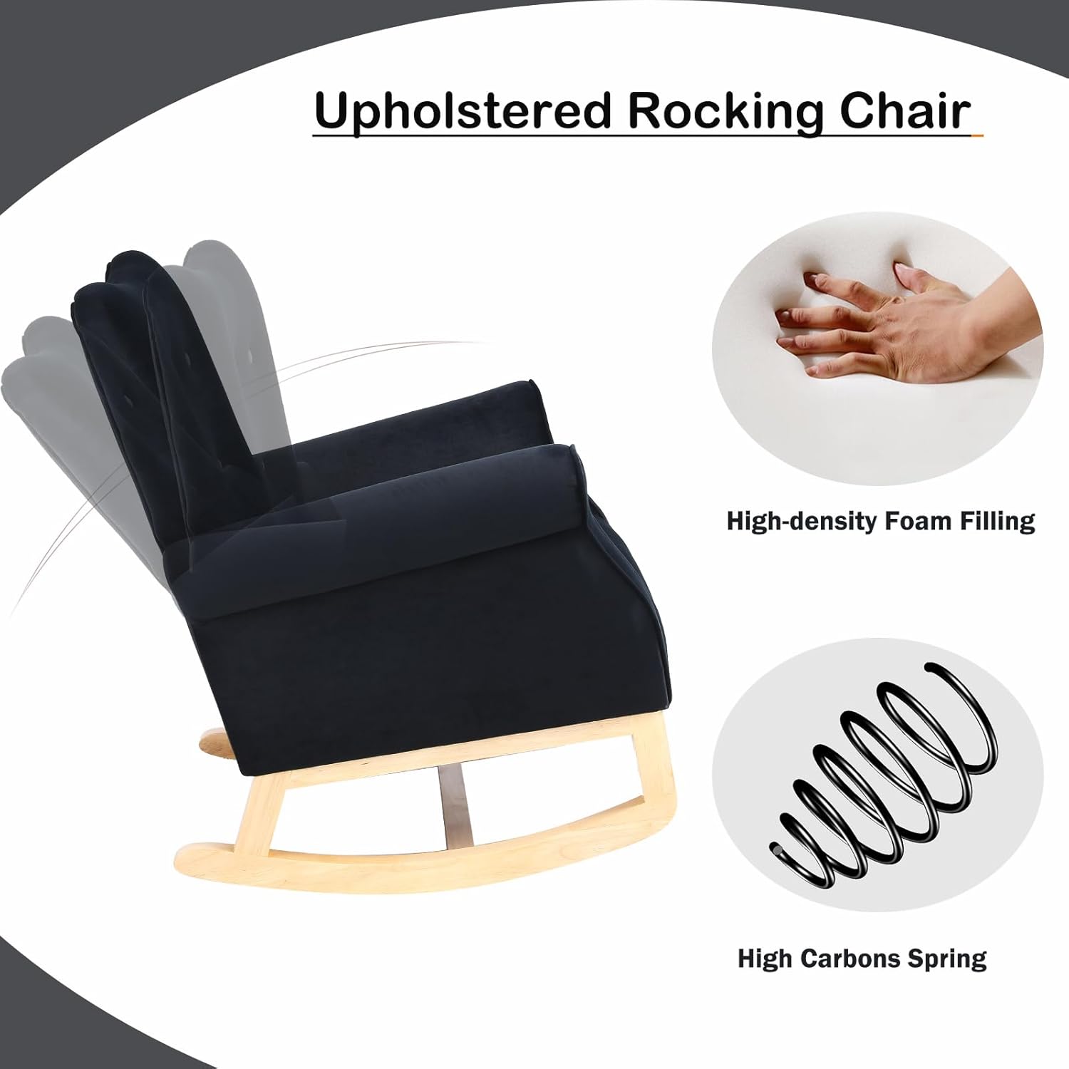 Upholstered Rocking Chair

- High-density Foam Filling
- High Carbons Spring