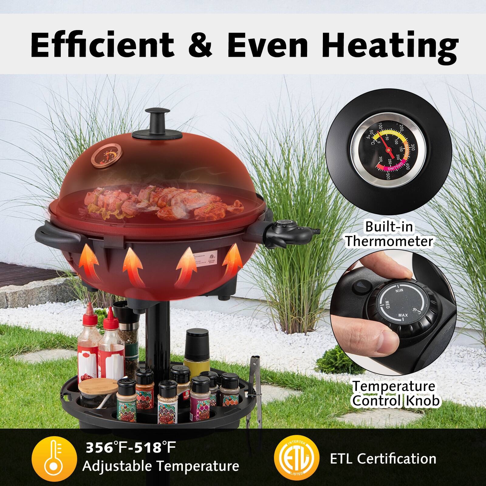 Efficient & Even Heating

Built-in Thermometer

Temperature Control Knob

356°F-518°F Adjustable Temperature

ETL Certification