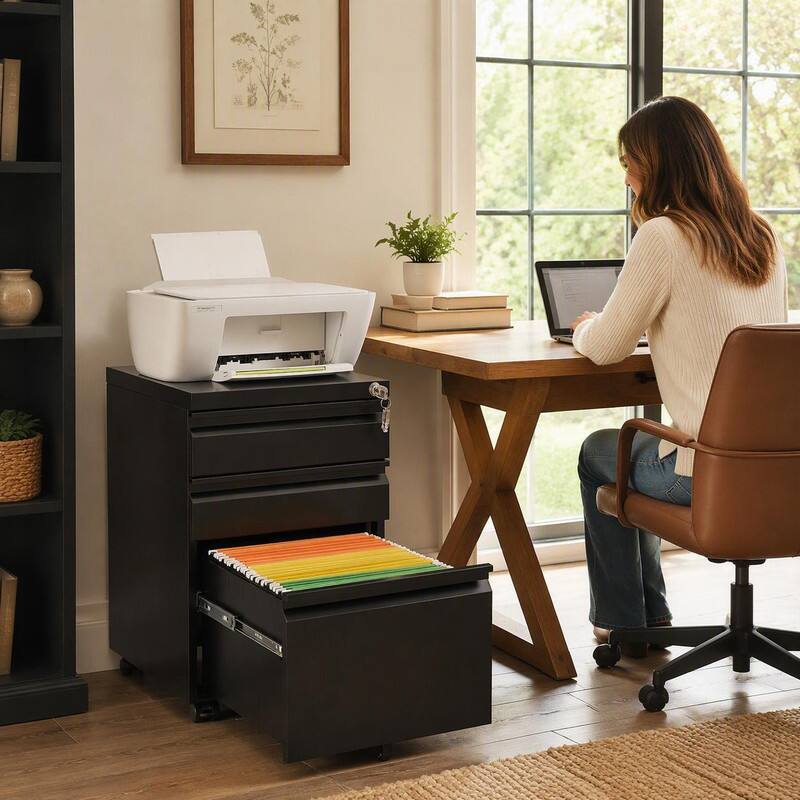 Back. RYHNUYNE - 3-Drawer Mobile Filing Cabinet with Lock - Office Storage Filing Cabinet of Legal Letter Size - Black.
