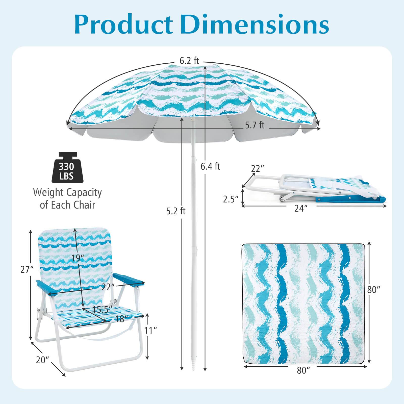 Product Dimensions

- Umbrella: 6.2 ft (width) x 5.7 ft (depth)
- Weight Capacity of Each Chair: 330 LBS
- Chair Dimensions: 5.2 ft (height) x 2.5" (seat height) x 22" (seat width) x 24" (seat depth) x 27" (back height) x 19" (back width) x 15.5" (armrest width) x 18" (armrest height) x 11" (legroom) x 20" (legroom width)
- Table Dimensions: 80" (width) x 80" (depth)