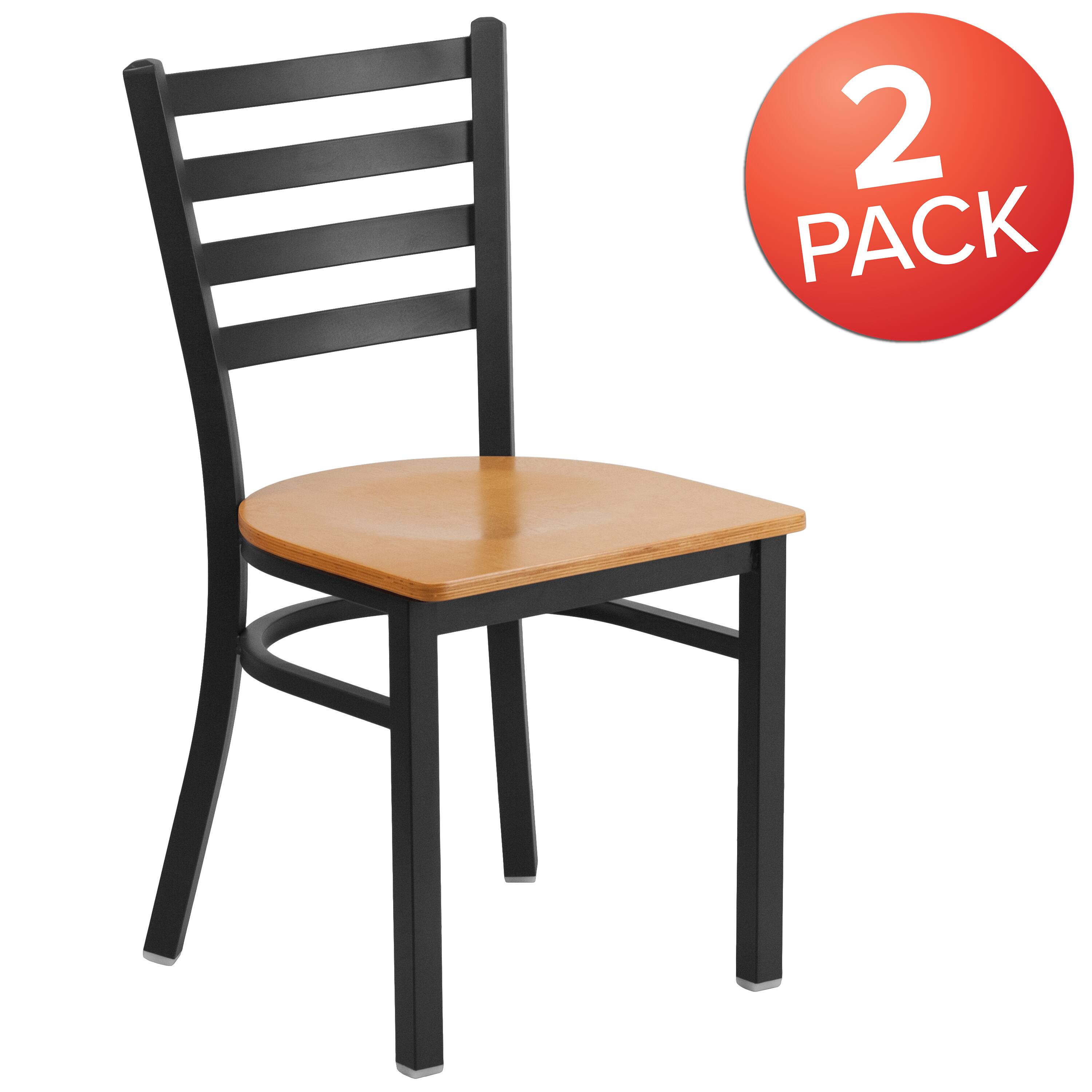 Alt View 1. Emma + Oliver - 2 Pack Ladder Back Metal Restaurant Chair - Natural Wood Seat/Black Metal Frame.