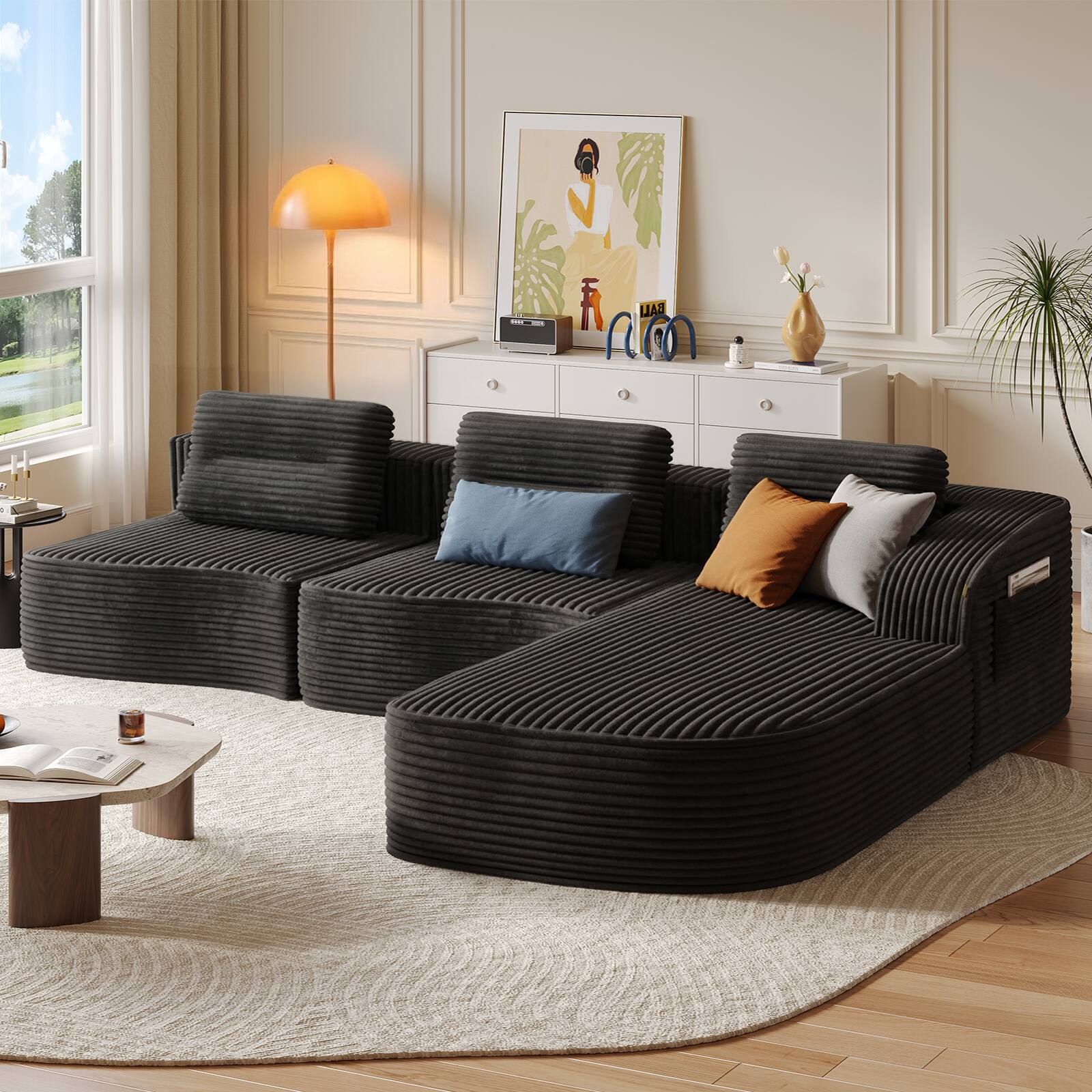 Angle. Pinmoco - PINMOCO Modular Sectional Sofa, Sleeper Sofa Bed with 3 Pillows, Boneless Couch with Side Pockets - Right Chaise Black.