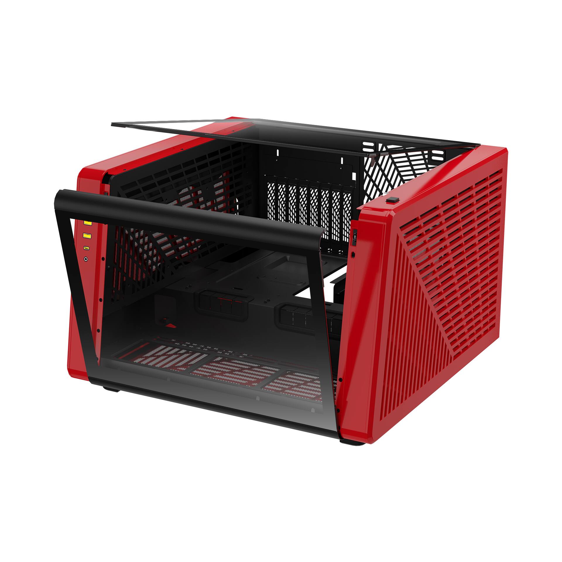 Front. GAMDIAS - NESO P1 BR Dual Chamber trapezoidal form factor, horizontal or vertical orientation, Fits GPU 426mm. - Red, black interior.