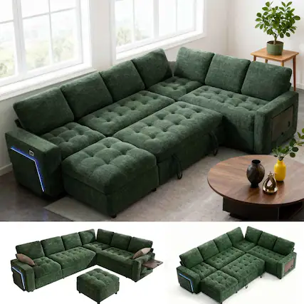 Front. Dyonery - Dyonery 7-Seat Modular Sectional Sleeper Sofa with Pull-Out Bed, Reclining Backrest, USB Ports, Table, LED Lights,Green - Green.
