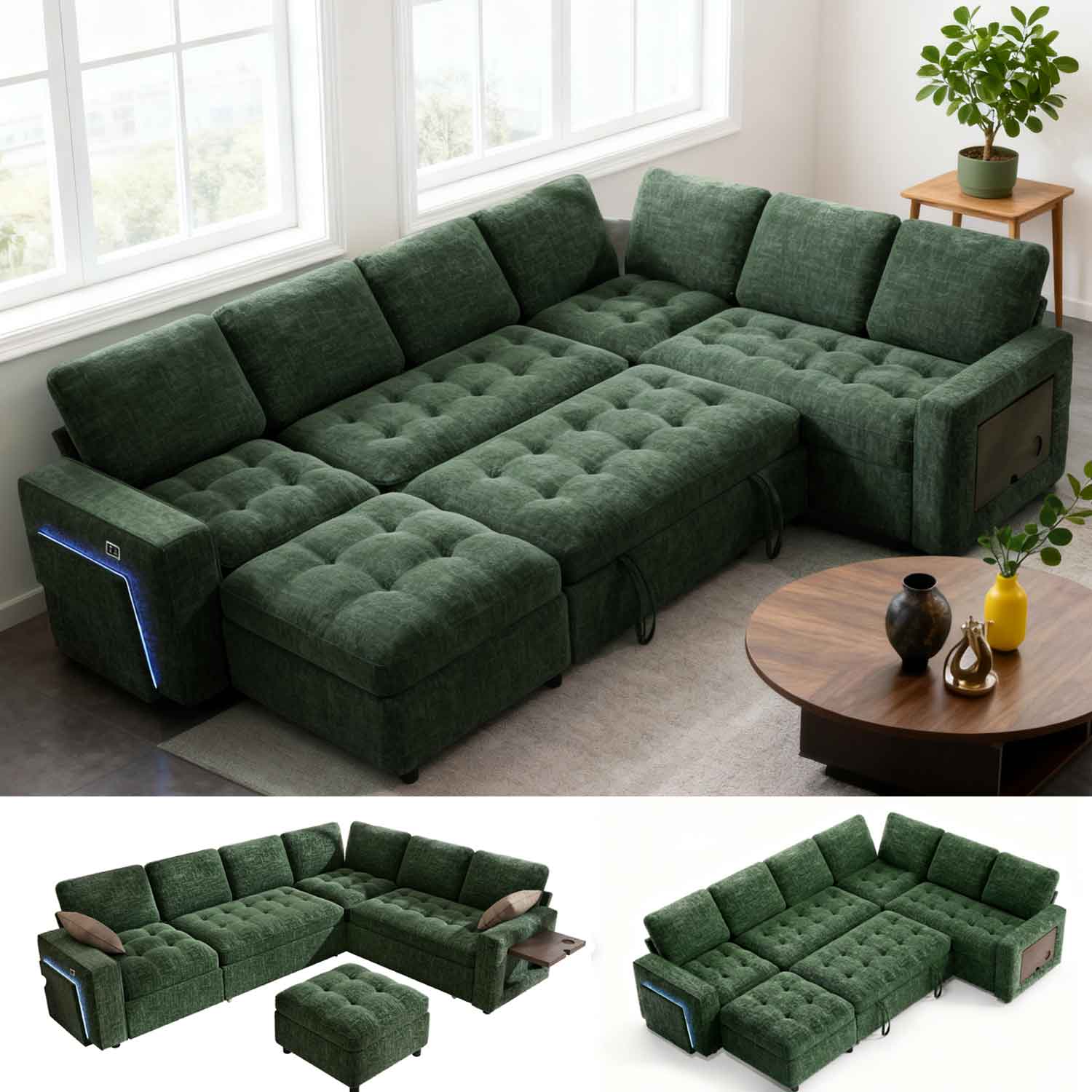 Dyonery - 7-Seat Modular Sectional Sleeper Sofa with Pull-Out Bed, Reclining Backrest, USB Ports, Table, LED Lights,Green - Green