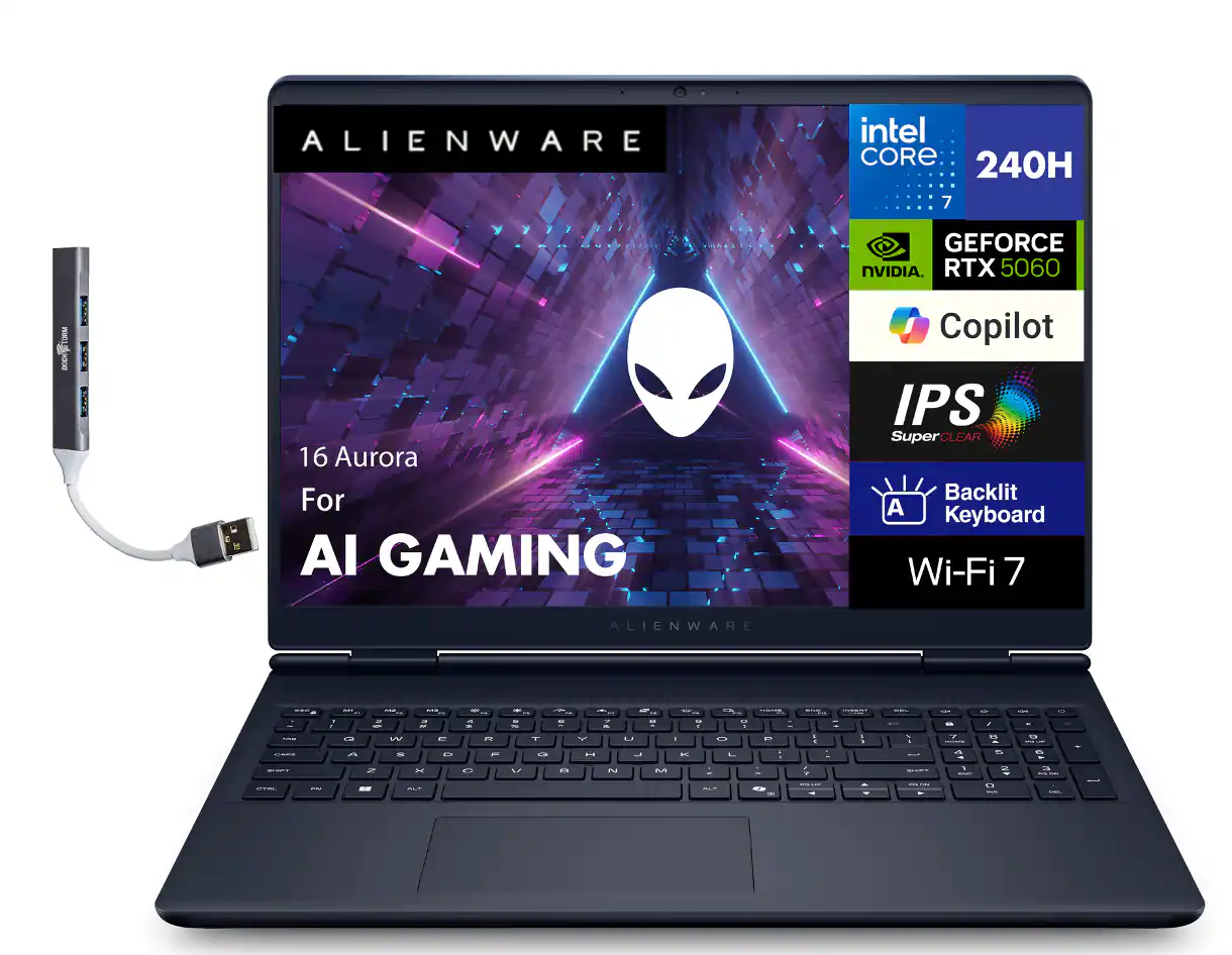 ALIENWARE  
16 Aurora  
For AI GAMING  

intel CORE 240H 7  
GEFORCE RTX 5060  
Copilot  
IPS SuperCLEAR  
Backlit Keyboard  
Wi-Fi 7  

ALIENWARE