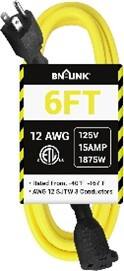 BN-LINK - 6 ft Outdoor Extension Cord, 12/3 SJTW, Heavy Duty, 3-Prong, Weather-Resistant, 15A, 1875W, ETL - Yellow