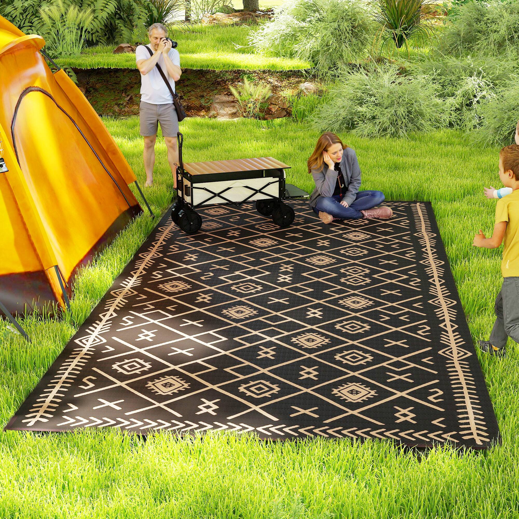 Alt View 1. Outsunny - Reversible Outdoor Rug, 9' x 18' Waterproof Plastic Straw Floor Mat, Portable RV Camping Carpet, Large Floor Mat - Black and Brown Rhombus.