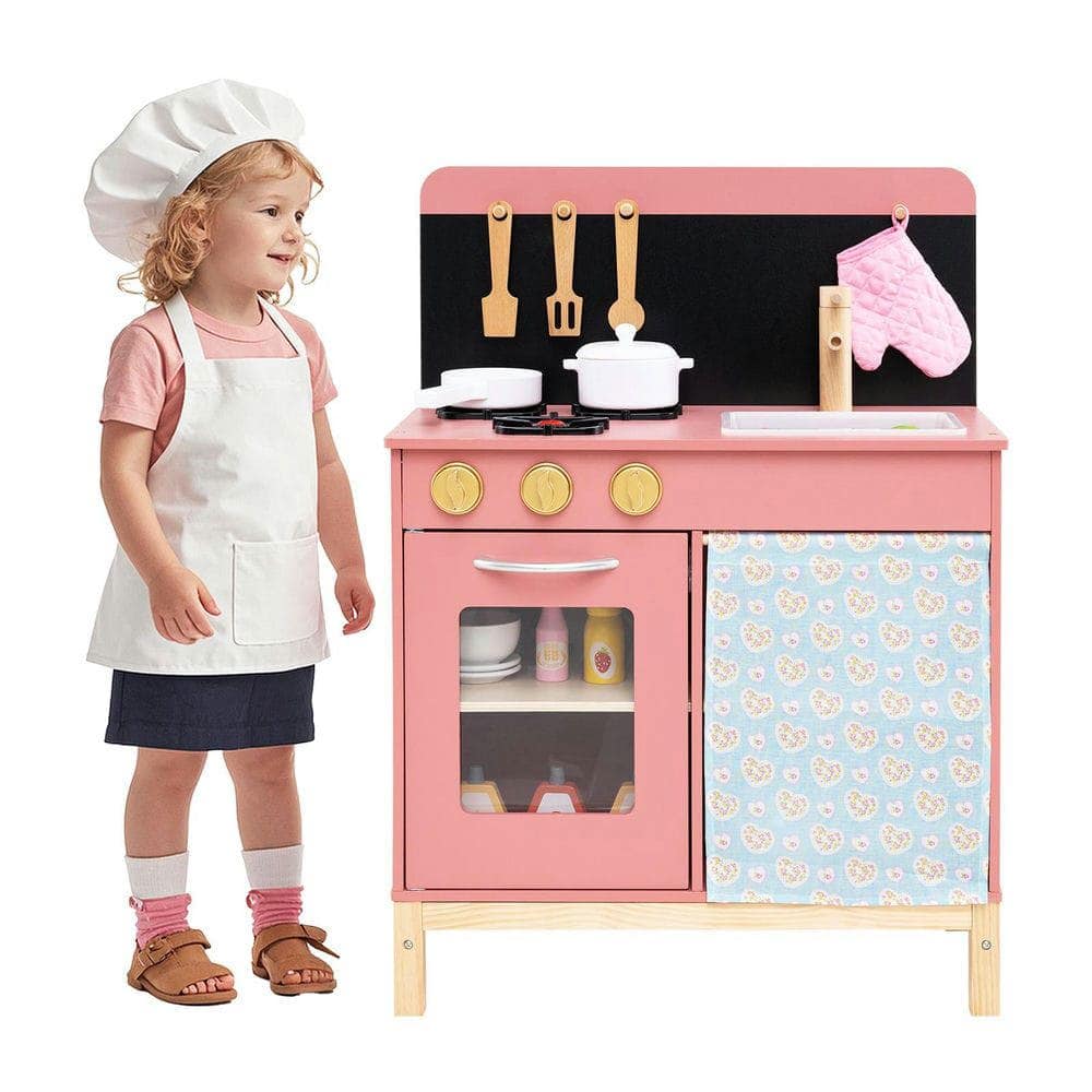 Resenkos - Kids Wooden Play Kitchen Set with Door Curtain - Pretend Cooking Toy - Pink