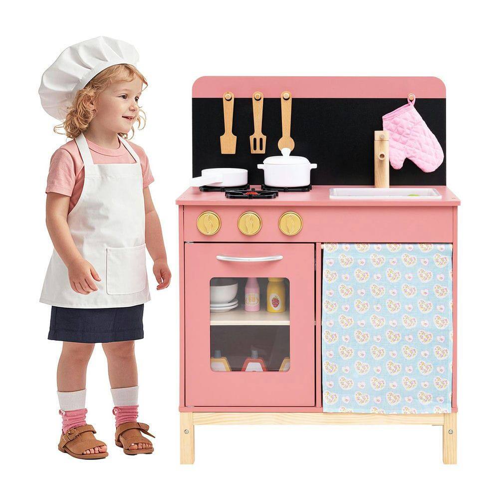 Front. Resenkos - Kids Wooden Play Kitchen Set with Door Curtain - Pretend Cooking Toy - Pink.