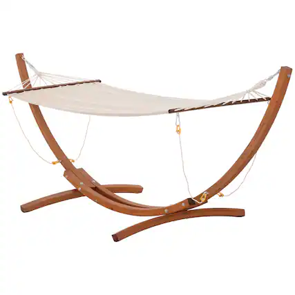 Front. Outsunny - 10' Wood Outdoor Hammock, Hammock with Stand Rainbow Bed, Heavy Duty Roman Arc Hammock for Single Person - Cream White.