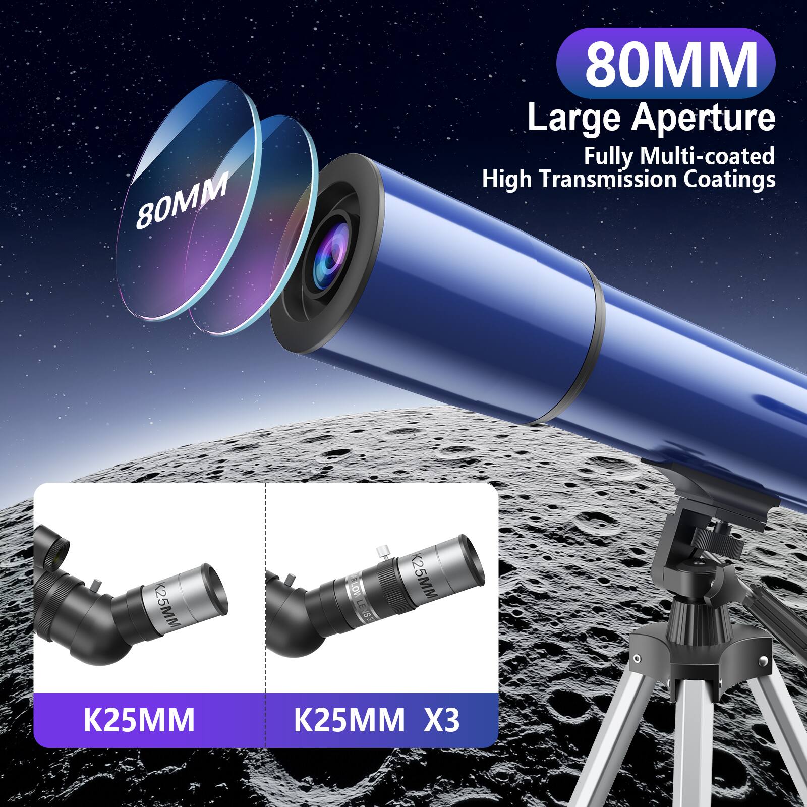 80MM  
Large Aperture  
Fully Multi-coated  
High Transmission Coatings  

K25MM  
K25MM X3