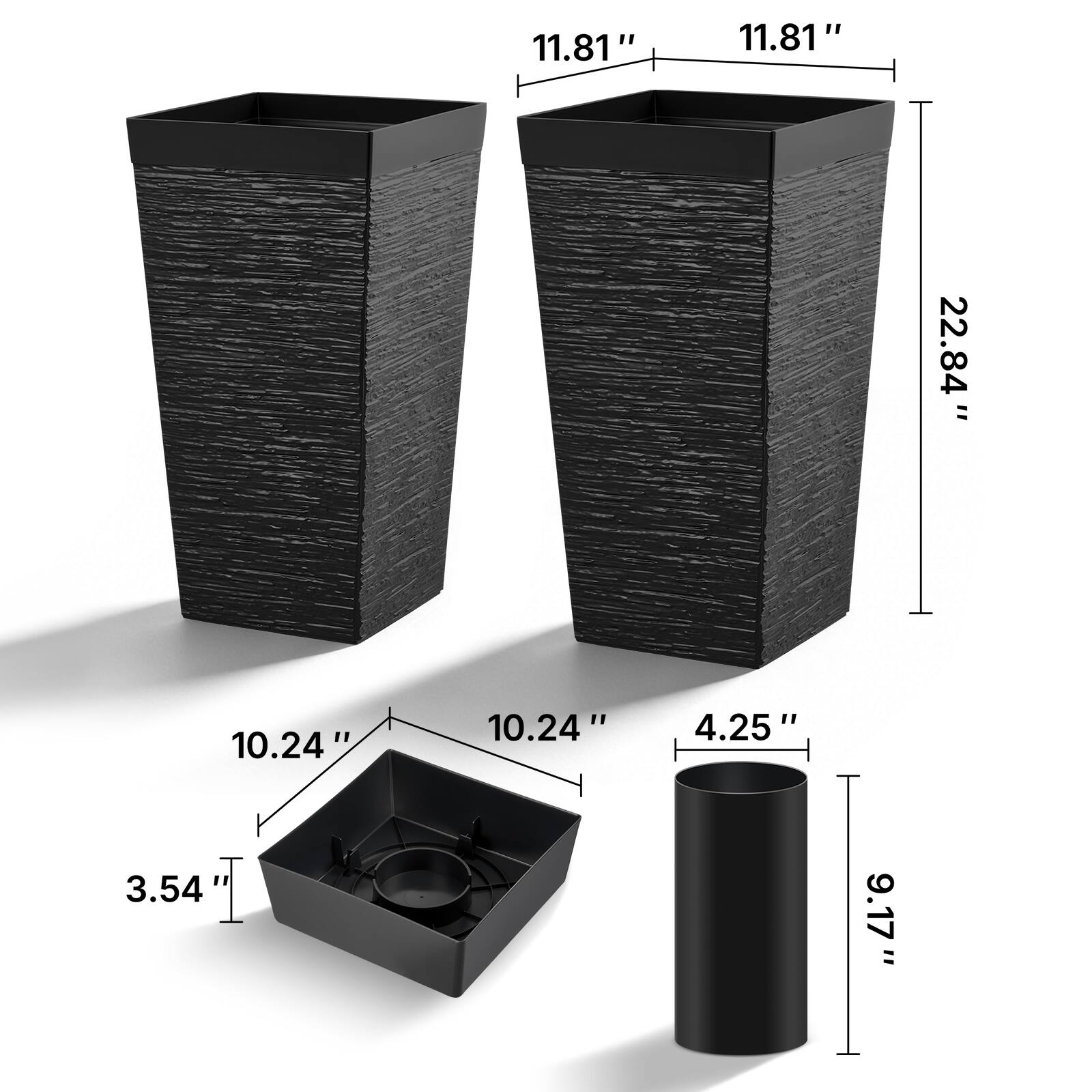 11.81" x 11.81" x 22.84"  
10.24" x 10.24" x 3.54"  
4.25" x 9.17"