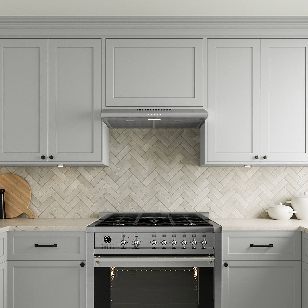 Left. Streamline - 30 in. Trieste Ducted Undermount 80 CFM Range Hood, Mesh Filters, Push Button Control, LED Light - Brushed Stainless Steel.