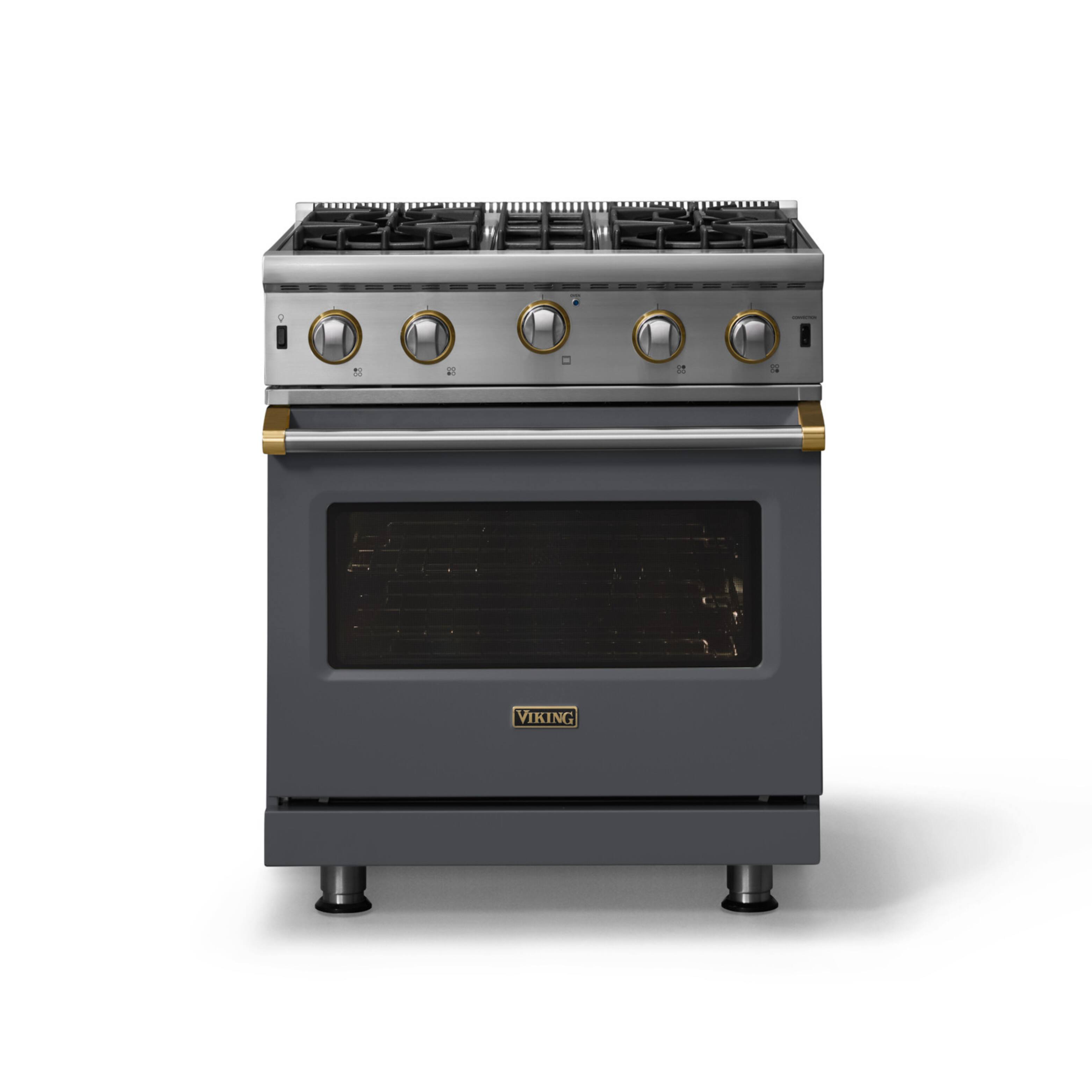 Alt View 1. Viking - 30"W. 4.0 Cu. Ft. Freestanding Self-Clean Open Burner Gas Convection Range - Cast Black w. Brushed Brass Trim - Cast Black.