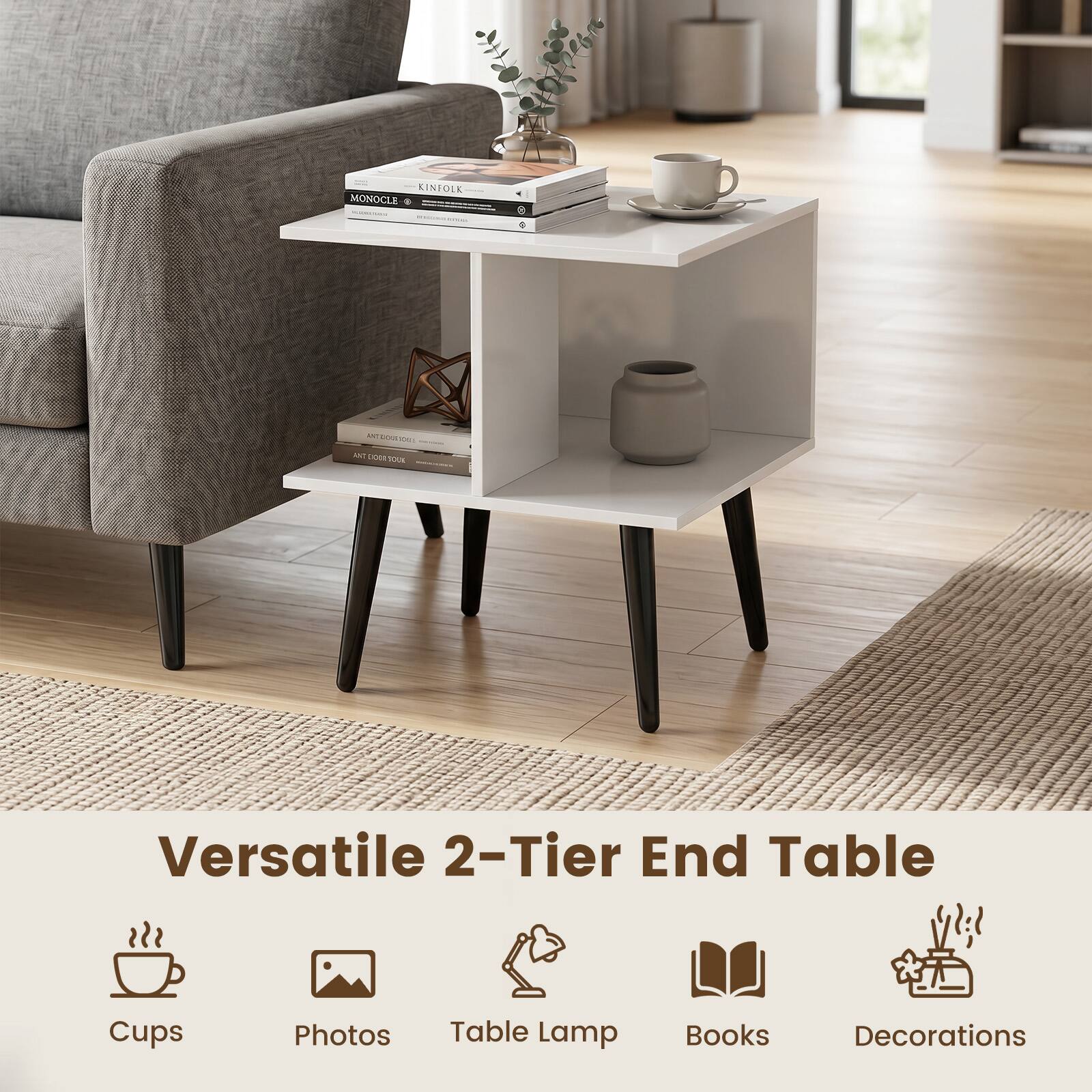 KINOLE MONOCLE I | - NAT THDE SOUK SS T

Versatile 2-Tier End Table

Cups Photos Table Lamp Books Decorations
