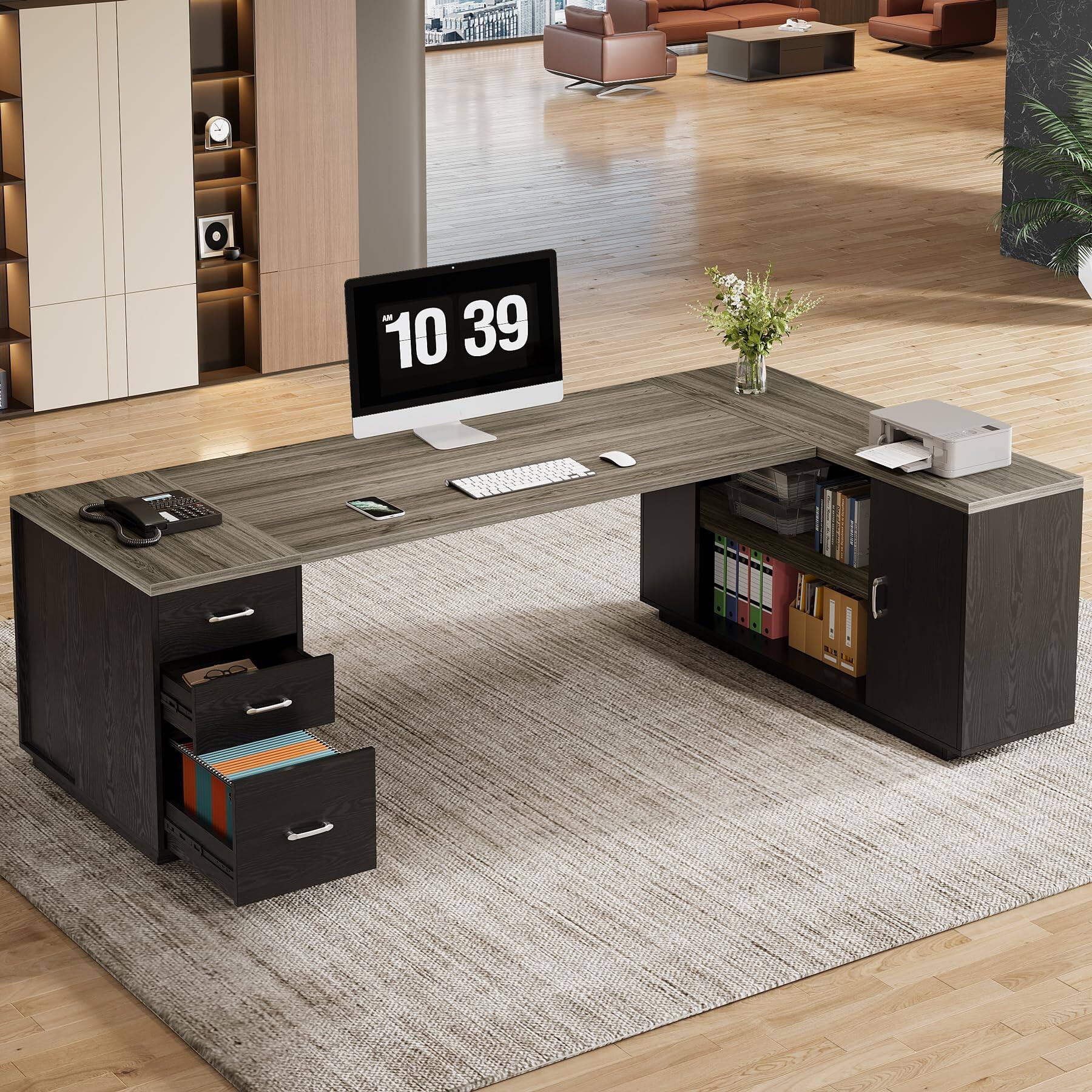 Tribesigns 85.8 Inch L Shaped Executive Desk Grey & Black - Best Buy